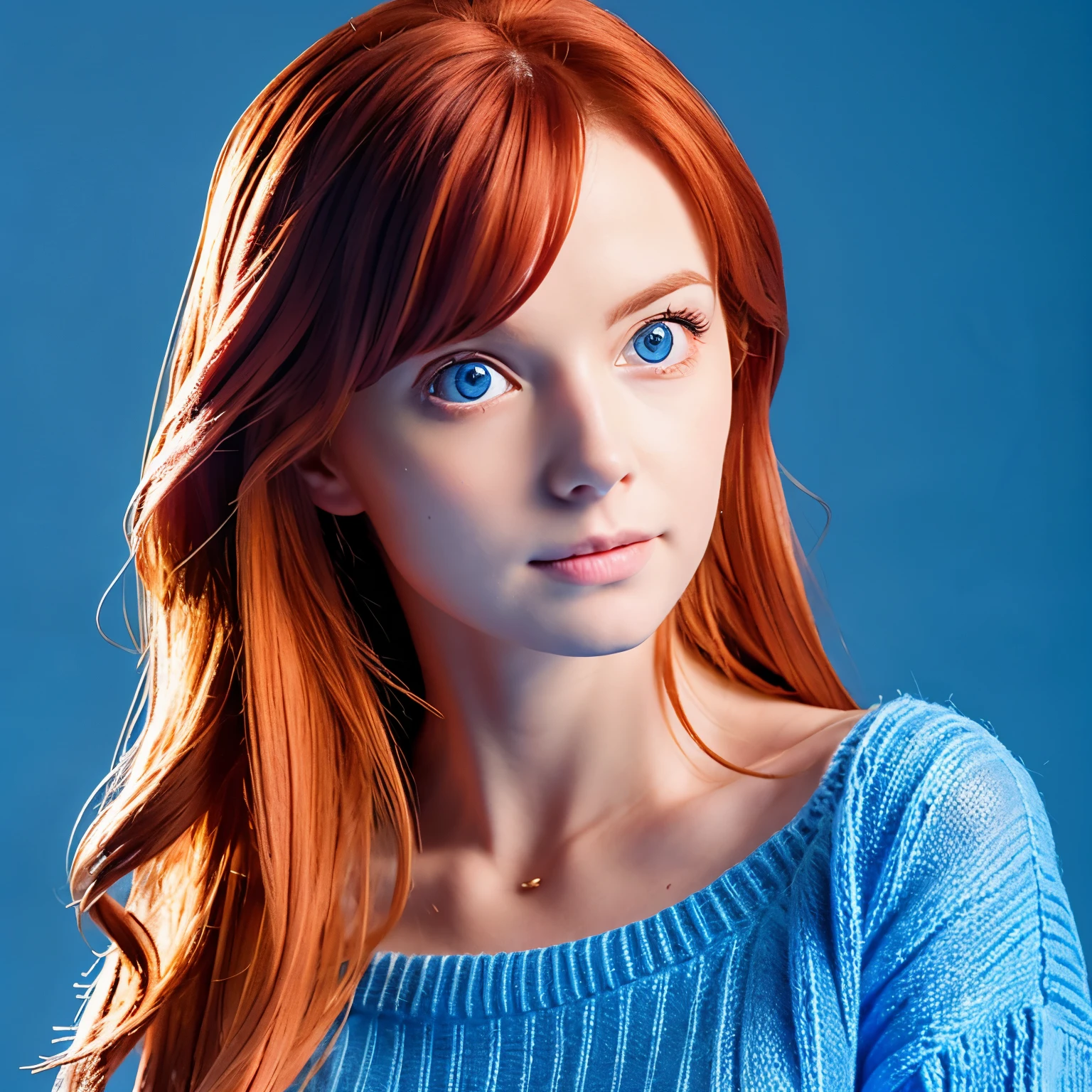 woman,small breasts, redhead, blue eyes, Transparent sweater, small chin