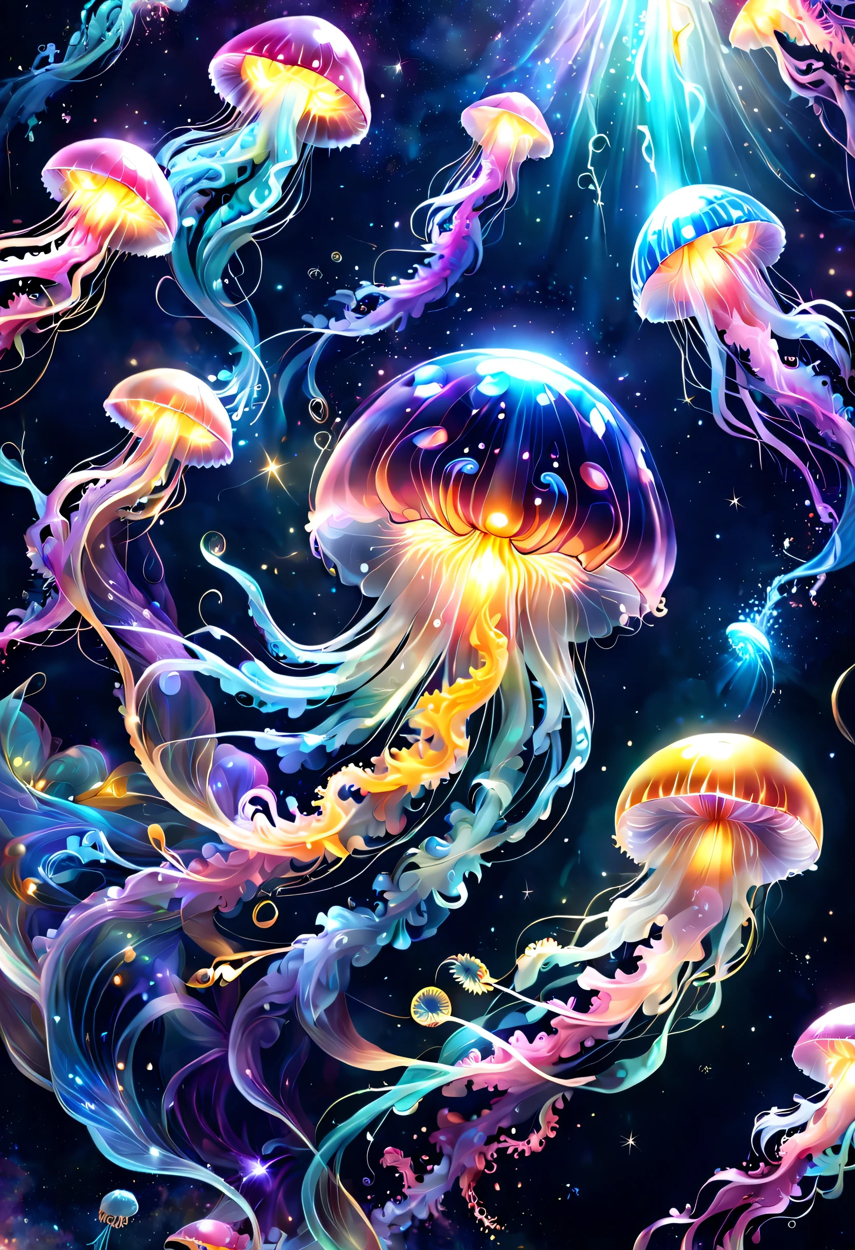星の海の中を泳ぐ半透明のjellyfishを描きます,digital art,fantasy,beautiful星雲の背景,rich colors,colorfulな呪文を唱える,flash,とてもflash,さらにflash,ほのかに光るjellyfish,light from below,beautiful光と影,Magic,dream-like,Inspiration,pleura,beautiful,rendering,colorful,wonderful,particles of light,be familiar with,masterpiece,最高masterpiece,Art work using light,Artistic,be familiar with,dynamic,discharge,electrification,Wind,jellyfish