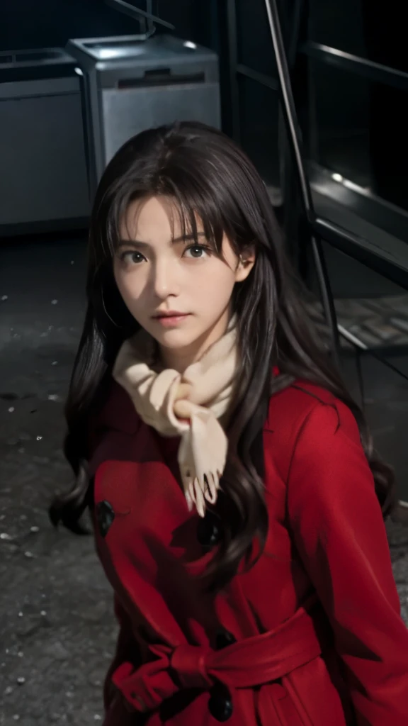 a woman in a red coat and scarf standing in a dark room, rin tohsaka, fate / stay night, unlimited blade works, fate stay night, anime style like fate/stay night, fate zero, fate/zero, in the anime film, screenshot from the anime film, female anime character, mirai nikki, rin, still from anime, still from tv anime