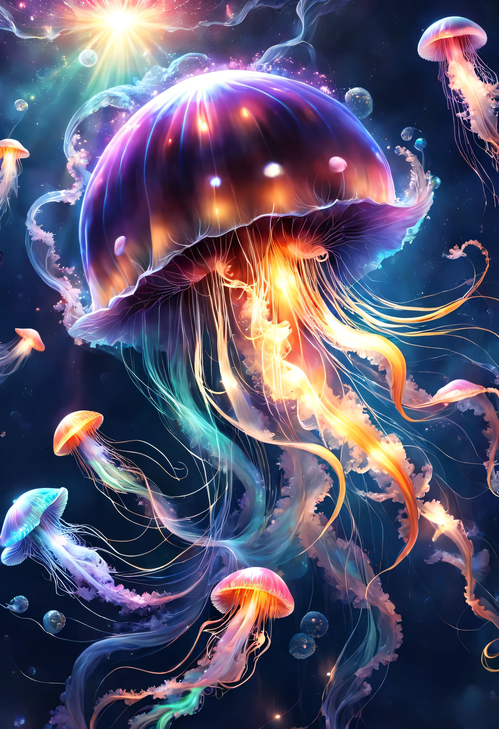 星の海の中を泳ぐ半透明のjellyfishを描きます,digital art,fantasy,beautiful星雲の背景,rich colors,colorfulな呪文を唱える,flash,とてもflash,さらにflash,ほのかに光るjellyfish,light from below,beautiful光と影,Magic,dream-like,Inspiration,pleura,beautiful,rendering,colorful,wonderful,particles of light,be familiar with,masterpiece,最高masterpiece,Art work using light,Artistic,be familiar with,dynamic,discharge,electrification,Wind,jellyfish