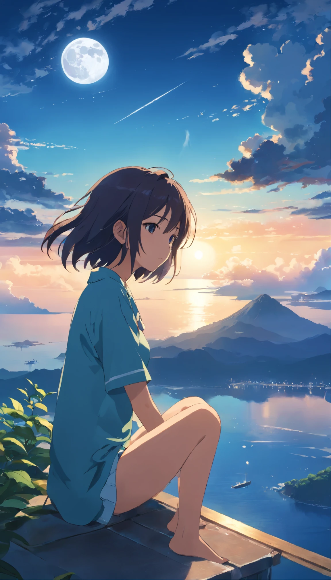 (high quality, masterpiece:1.2), (movie stills), (19-year-old-girl) sitting on the clouds above the sea, (dream-like atmosphere), (detailed clouds and water), (realistic, photorealistic:1.37), (vibrant colors), (soft lighting), (gentle breeze), (serene expression), (magical scenery), (ethereal landscape), (distant horizon), (transcendent mood), (full moon night), (subtle reflections), (impeccable composition), (dynamic perspective), (floating sensation), (peaceful ambiance), (fantasy elements), (harmonious color palette), (silhouette of distant islands), (whimsical details), (sublime tranquility), (hidden secrets), (subtle textures), (immersive experience), (fine art aesthetics), (captivating atmosphere), (magical realism), (awe-inspiring), (unforgettable), (eternal beauty).