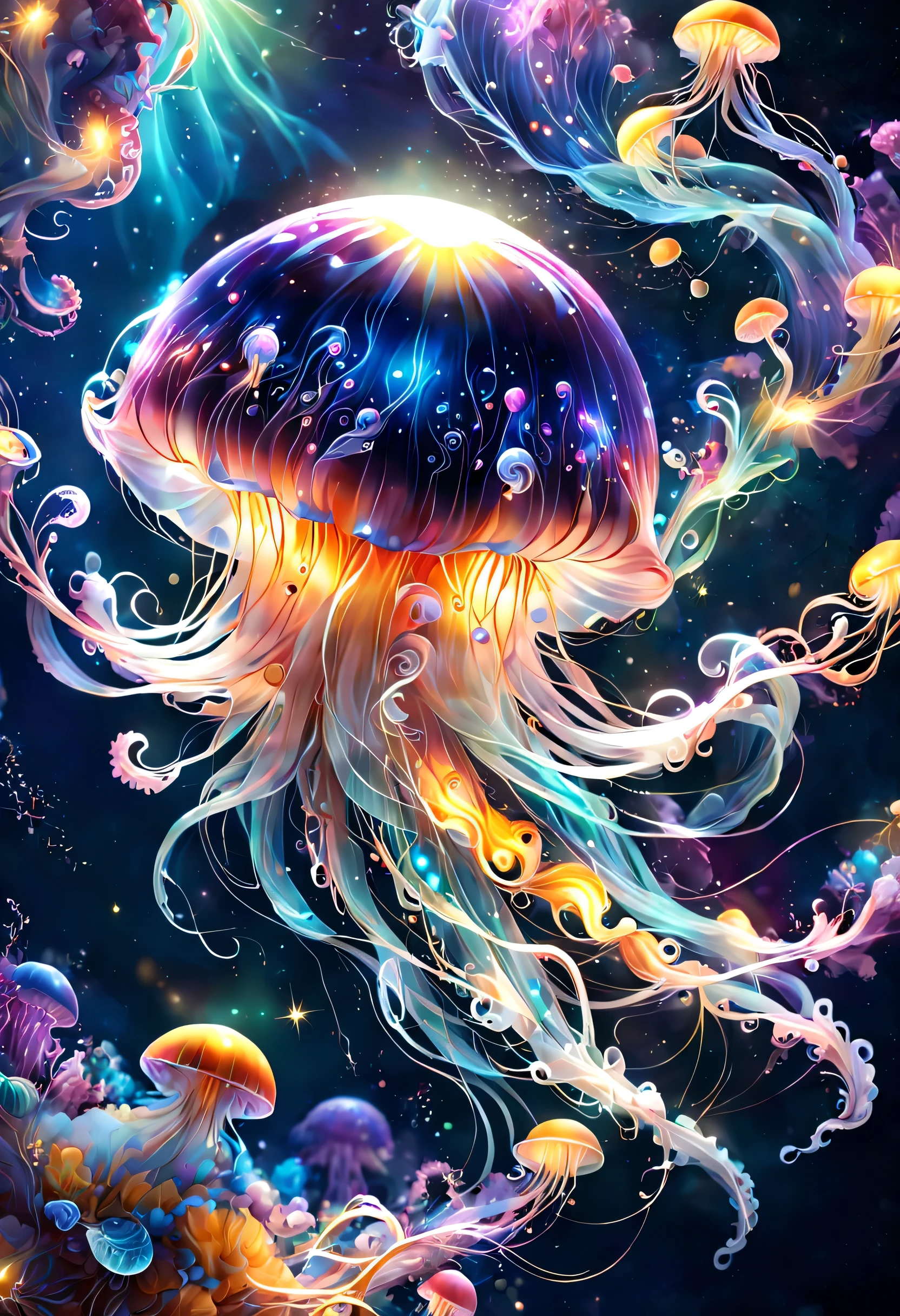 星の海の中を泳ぐ半透明のjellyfishを描きます,digital art,fantasy,beautiful星雲の背景,rich colors,colorfulな呪文を唱える,flash,とてもflash,さらにflash,ほのかに光るjellyfish,light from below,beautiful光と影,Magic,dream-like,Inspiration,pleura,beautiful,rendering,colorful,wonderful,particles of light,be familiar with,masterpiece,最高masterpiece,Art work using light,Artistic,be familiar with,dynamic,discharge,electrification,Wind,jellyfish