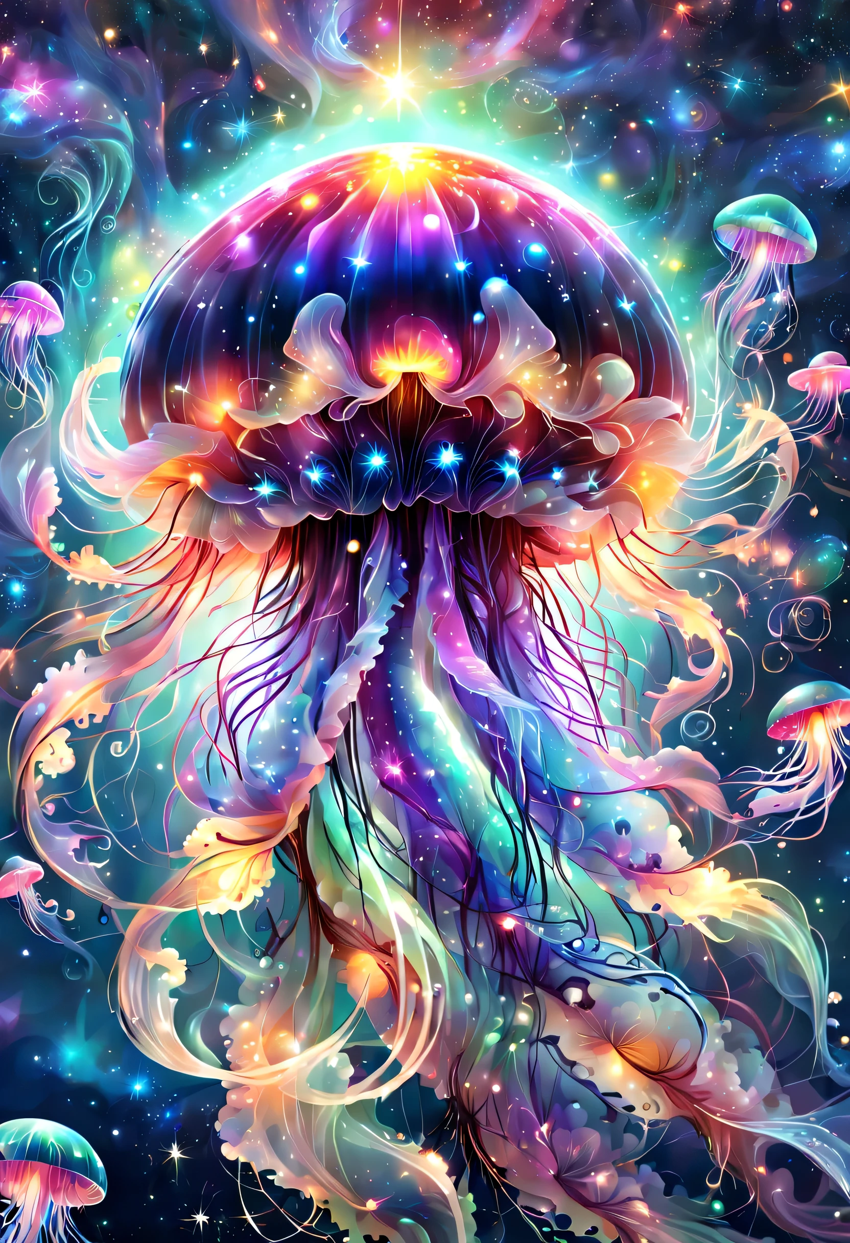 Draw a translucent jellyfish swimming in a sea of stars,digital art,fantasy,beautiful星雲の背景,rich colors,colorfulな呪文を唱える,flash,とてもflash,さらにflash,A faintly glowing jellyfish,light from below,beautiful光と影,Magic,dream-like,Inspiration,pleura,beautiful,rendering,colorful,wonderful,particles of light,be familiar with,masterpiece,最高masterpiece,Art work using light,Artistic,be familiar with