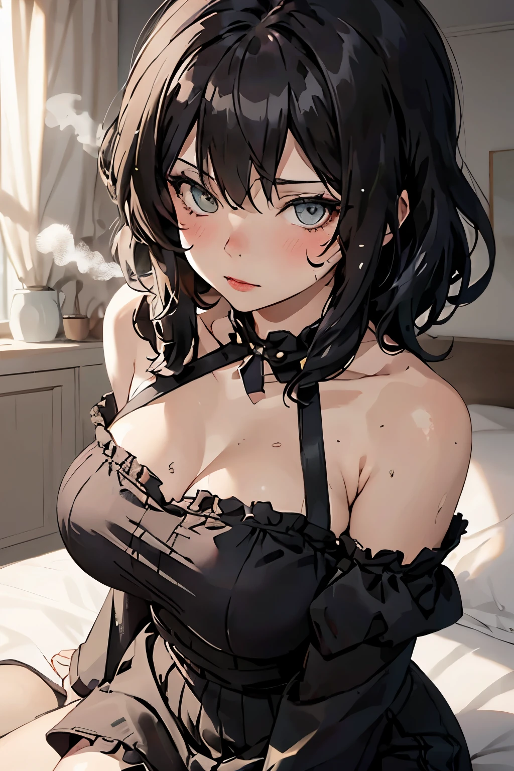 masterpiece, beautiful detail, beautiful light and shadow, 1 girl, steaming body, sweaty body, checkered torn goth dress, bare shoulders, make-up, room, sitted on bed, blurred background