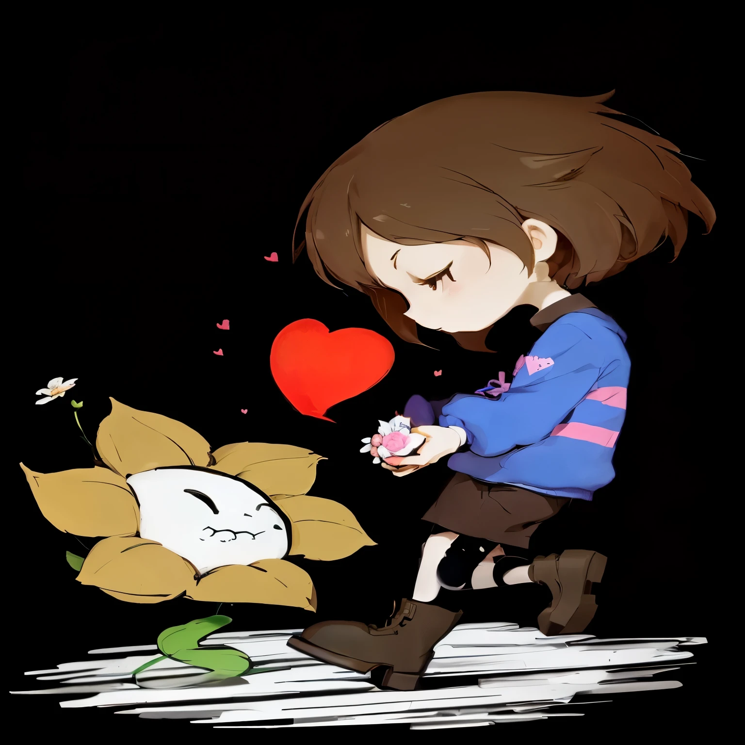 Cartoon girl holding a flower and a heart in her hands, undertale, Elegant, cytus and deemo styles, sans undertale, High quality fan art, Fan painting”, official art, By Prue, Asriel Dremul, heroine 👀 :8, [[[[smile]]]], 🍁 Lovely