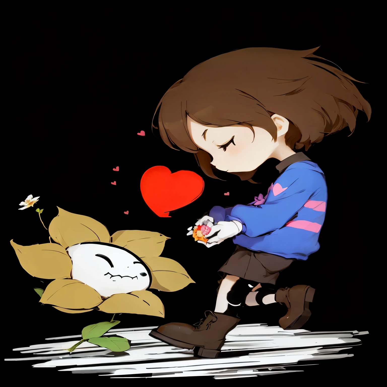 Cartoon girl holding a flower and a heart in her hands, undertale, Elegant, cytus and deemo styles, sans undertale, High quality fan art, Fan painting”, official art, By Prue, Asriel Dremul, heroine 👀 :8, [[[[smile]]]], 🍁 Lovely