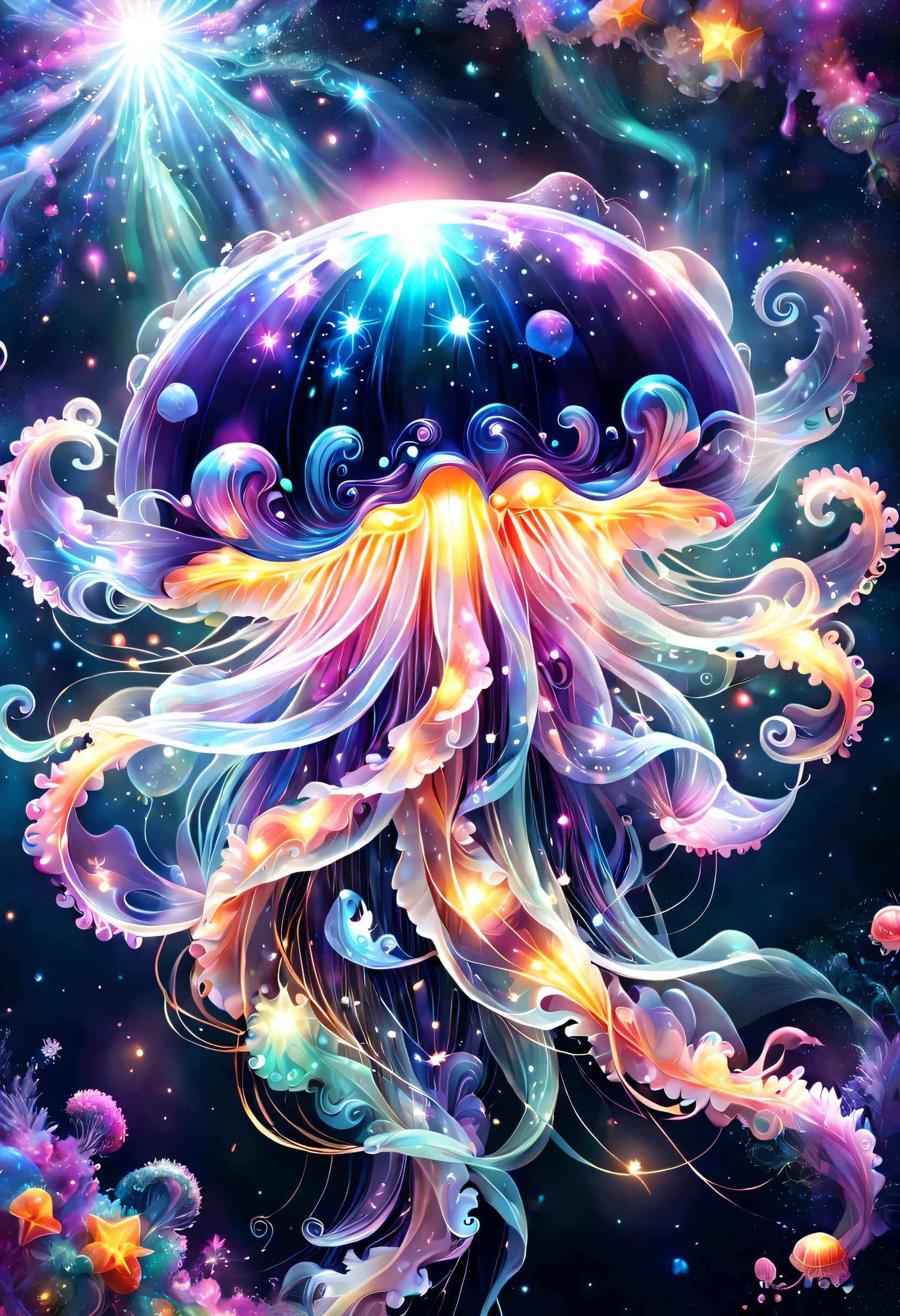 Draw a translucent jellyfish swimming in a sea of stars,digital art,fantasy,beautiful星雲の背景,rich colors,colorfulな呪文を唱える,flash,とてもflash,さらにflash,A faintly glowing jellyfish,light from below,beautiful光と影,Magic,dream-like,Inspiration,pleura,beautiful,rendering,colorful,wonderful,particles of light,be familiar with,masterpiece,最高masterpiece,Art work using light,Artistic,be familiar with