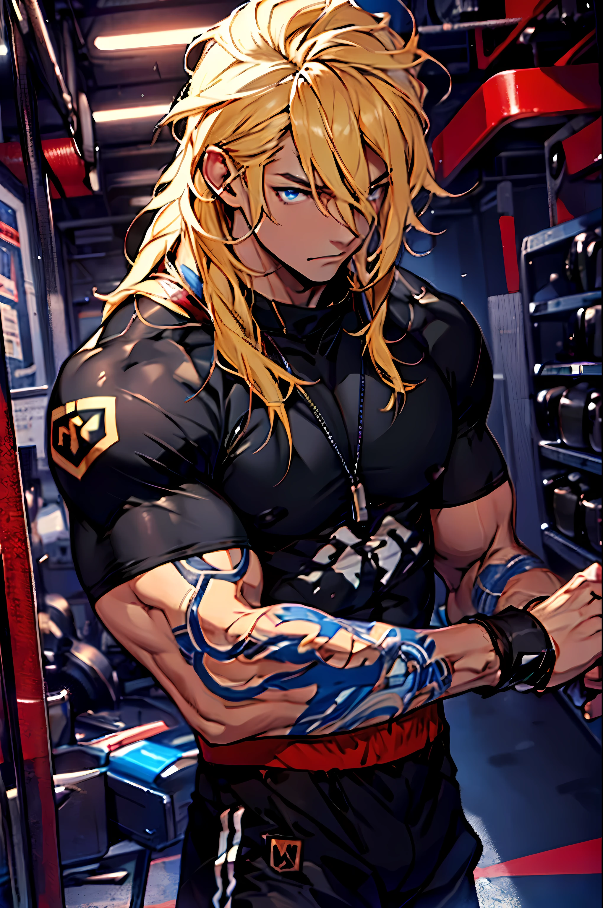 Blonde, muscular, masculine, gym background, blue eyes, masterpiece, high quality , black compression shirt with red lining, intimidating blue eyes