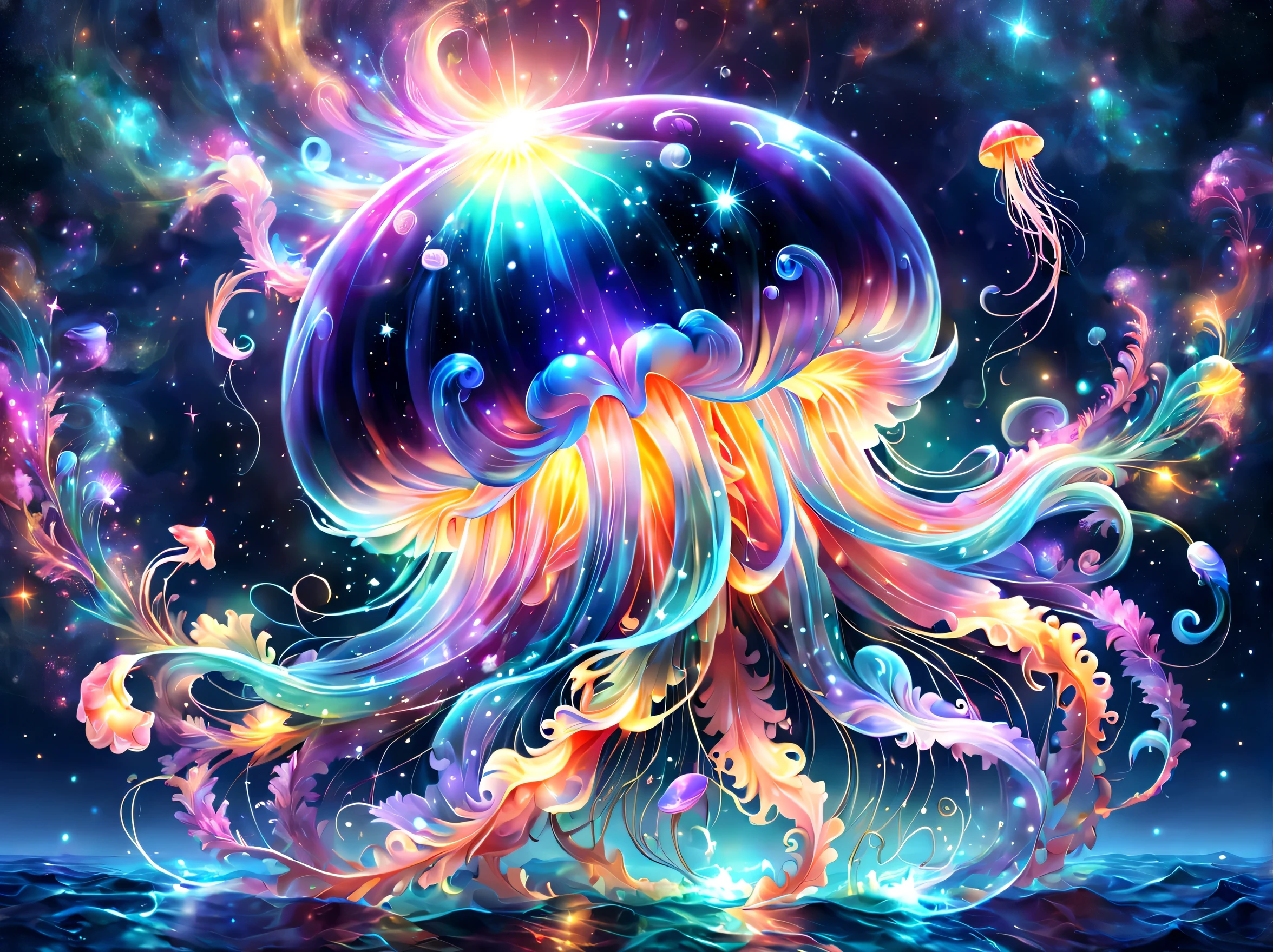 Draw a translucent jellyfish swimming in a sea of stars,digital art,fantasy,beautiful星雲の背景,rich colors,colorfulな呪文を唱える,flash,とてもflash,さらにflash,A faintly glowing jellyfish,light from below,beautiful光と影,Magic,like a bow,Inspiration,pleura,beautiful,rendering,colorful,wonderful,particles of light,be familiar with,masterpiece,最高masterpiece,Art work using light,Artistic,be familiar with