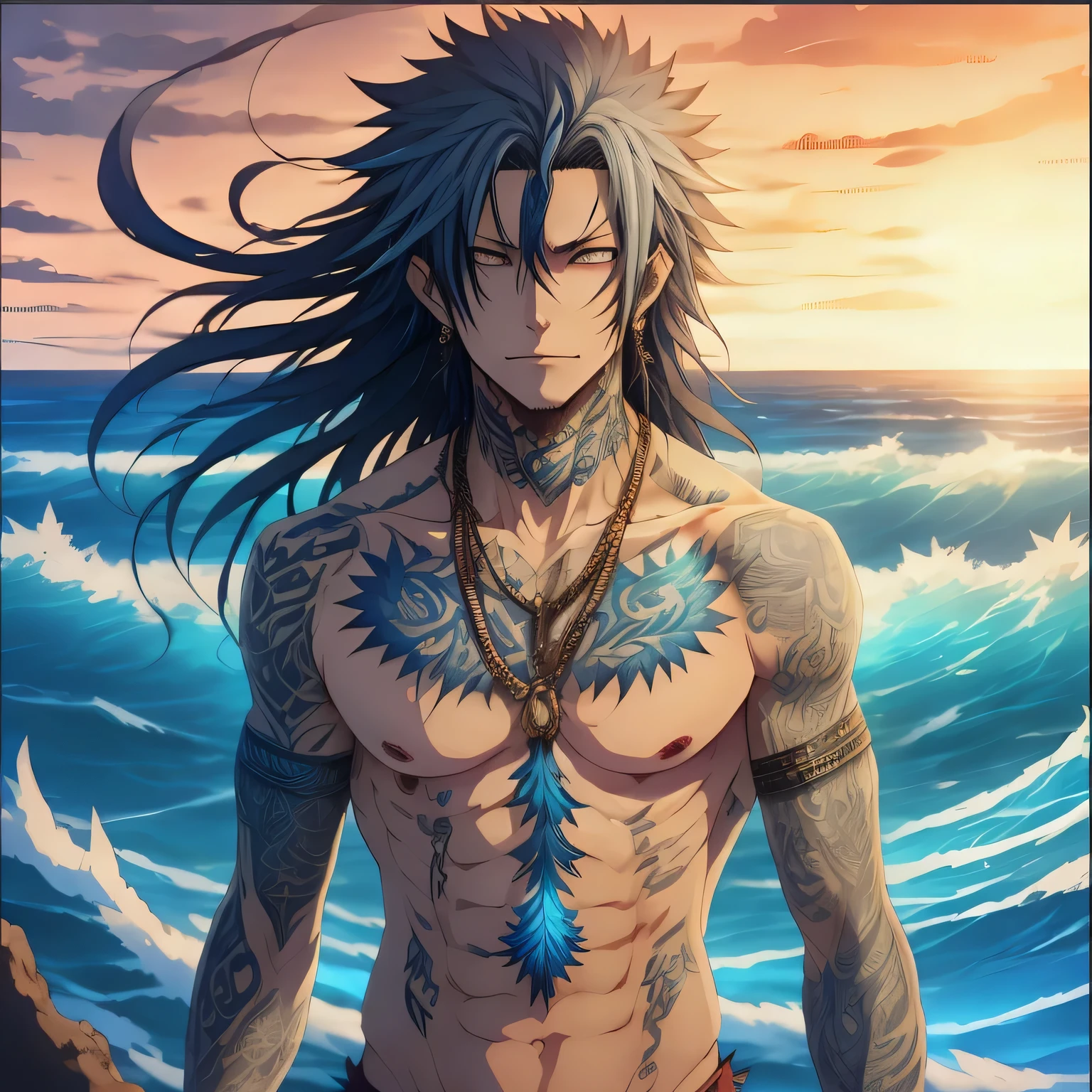 anime guy with chest tattoos standing on the beach, tribal de anime com cabelo comprido, handsome guy in demon slayer art, male personagem de anime, Homem bonito de anime, papel de parede de anime, badass anime 8 k, blue water anime wallpaper, tsunami behind him, personagem de anime; arte de corpo inteiro, hd papel de parede de anime, the sea and storms behind him, lindas fotos de avatares