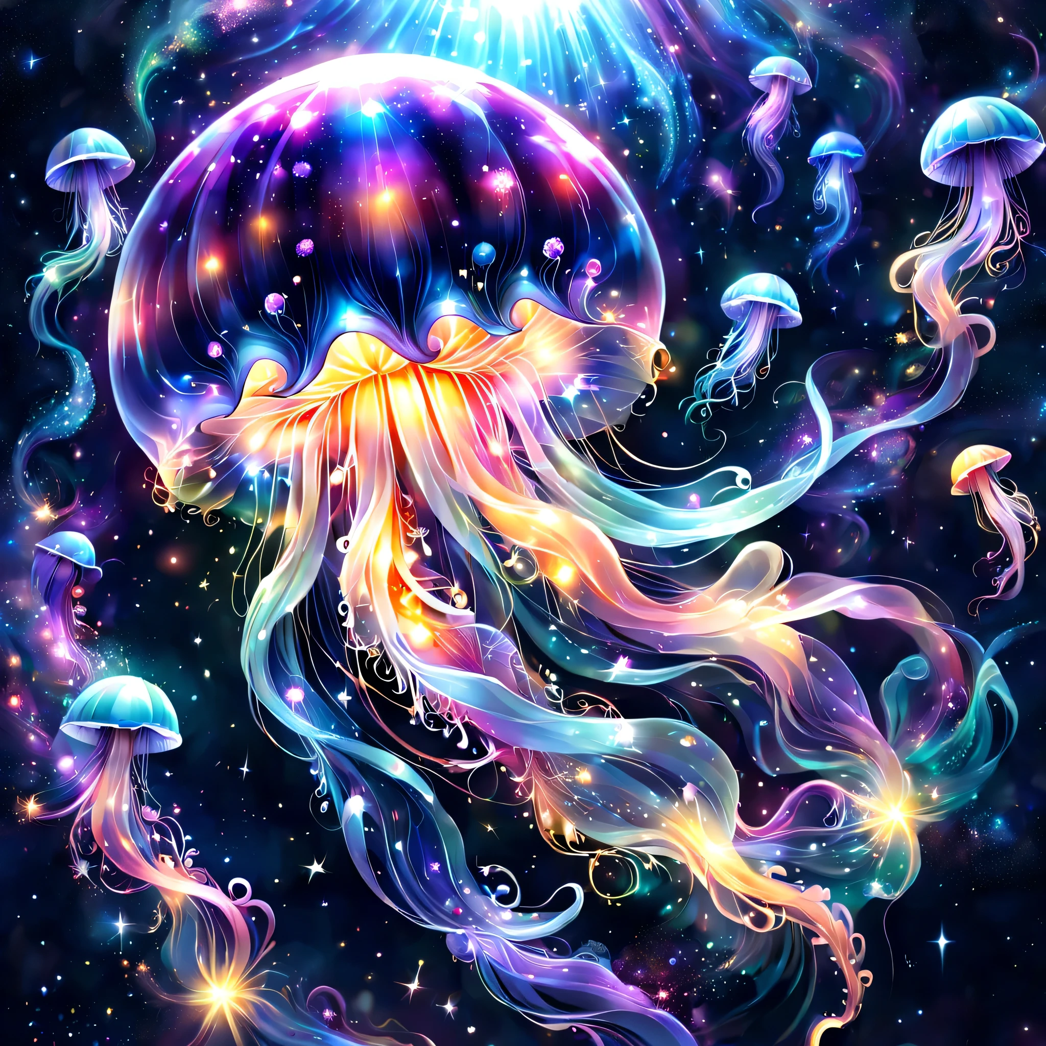 Draw a translucent jellyfish swimming in a sea of stars,digital art,fantasy,beautiful星雲の背景,rich colors,colorfulな呪文を唱える,flash,とてもflash,さらにflash,A faintly glowing jellyfish,light from below,beautiful光と影,Magic,like a bow,Inspiration,pleura,beautiful,rendering,colorful,wonderful,particles of light,be familiar with,masterpiece,最高masterpiece,Art work using light,Artistic,be familiar with