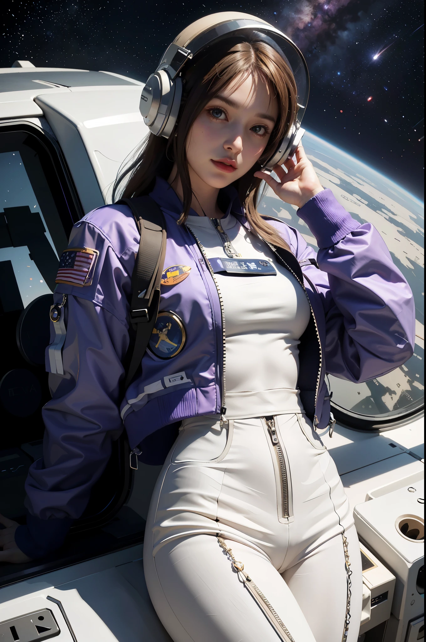 (RAW photo, best quality), (realistic, photo-realistic:1.3), best quality, highly detailed, masterpiece, ultra-detailed, illustration, 1 girl, upper body and lower body, dynamic angle, space scene, astronaut suit, white shirt, black pants, purple jacket, space helmet
A captivating astronaut girl, her white shirt contrasts her black pants, adorned with a vibrant purple jacket. Donning a space helmet, she confidently poses in a high-definition illustration in 4K resolution, overflowing with realistic and photo-realistic details. The upper body and lower body are both in the shot, giving