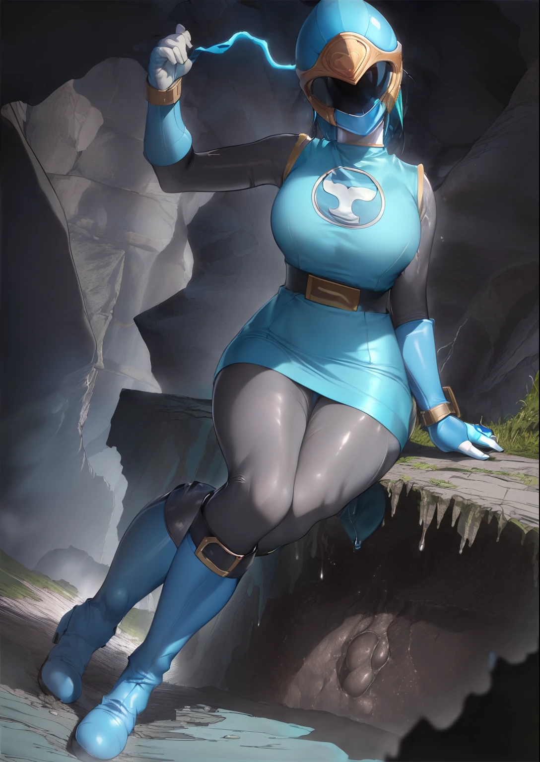 (best quality, masterpiece, RAW photo,ultra-detailed:1.2), 1girl, solo, keep head down, ((Hurricane Blue outfit, belt, gloves, helmet, blue spandex vest, sunglasses, blue boots, blue skirt, gray leggings, white gloves)), large breasts, (((spread legs:1.1))), nsfw, ((move to dark wet cave)), big butt, big 