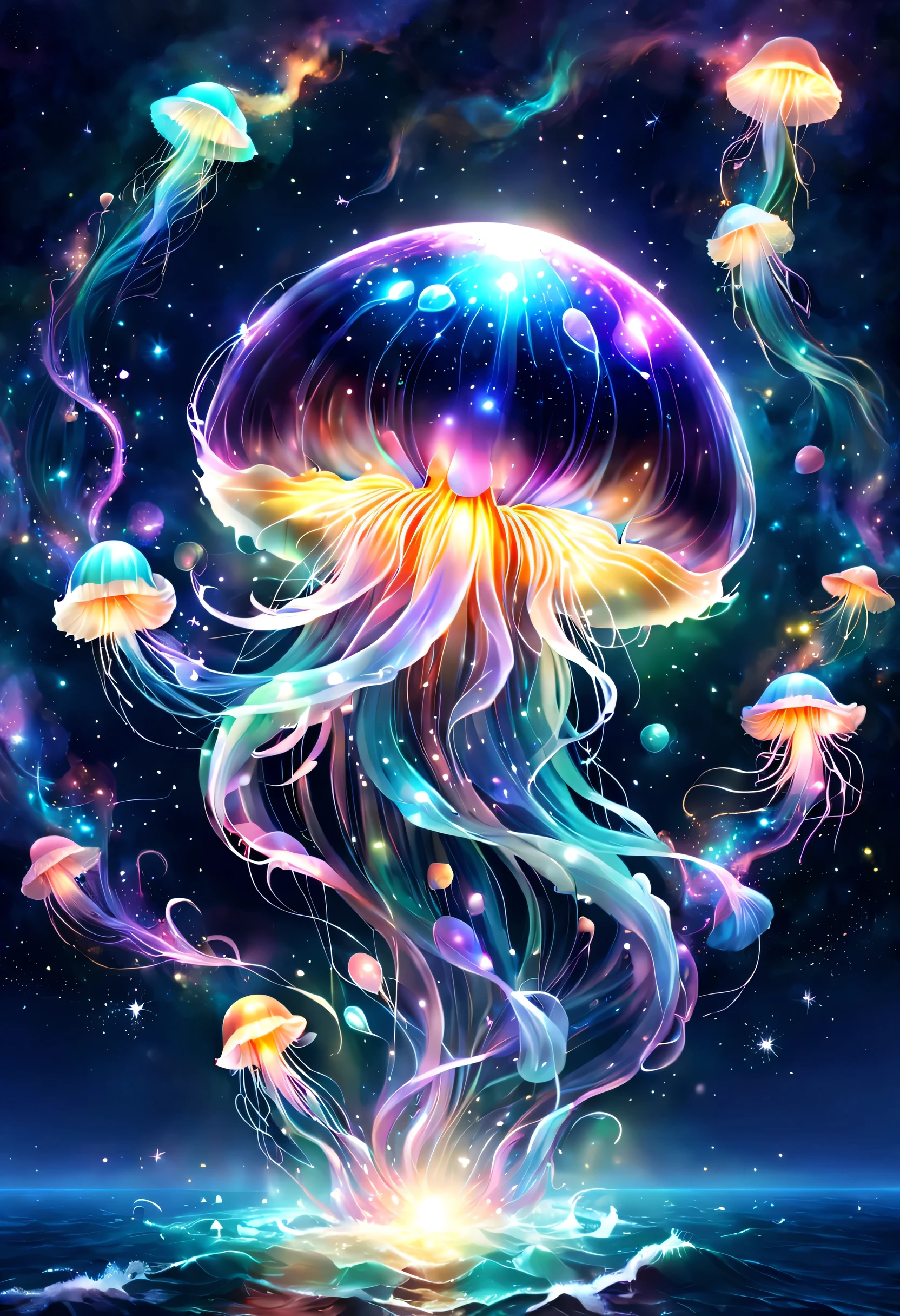 Draw a translucent jellyfish swimming in a sea of stars,digital art,fantasy,beautiful星雲の背景,rich colors,colorfulな呪文を唱える,flash,とてもflash,さらにflash,A faintly glowing jellyfish,light from below,beautiful光と影,Magic,like a bow,Inspiration,pleura,beautiful,rendering,colorful,wonderful,particles of light,be familiar with,masterpiece,最高masterpiece,Art work using light,Artistic,be familiar with