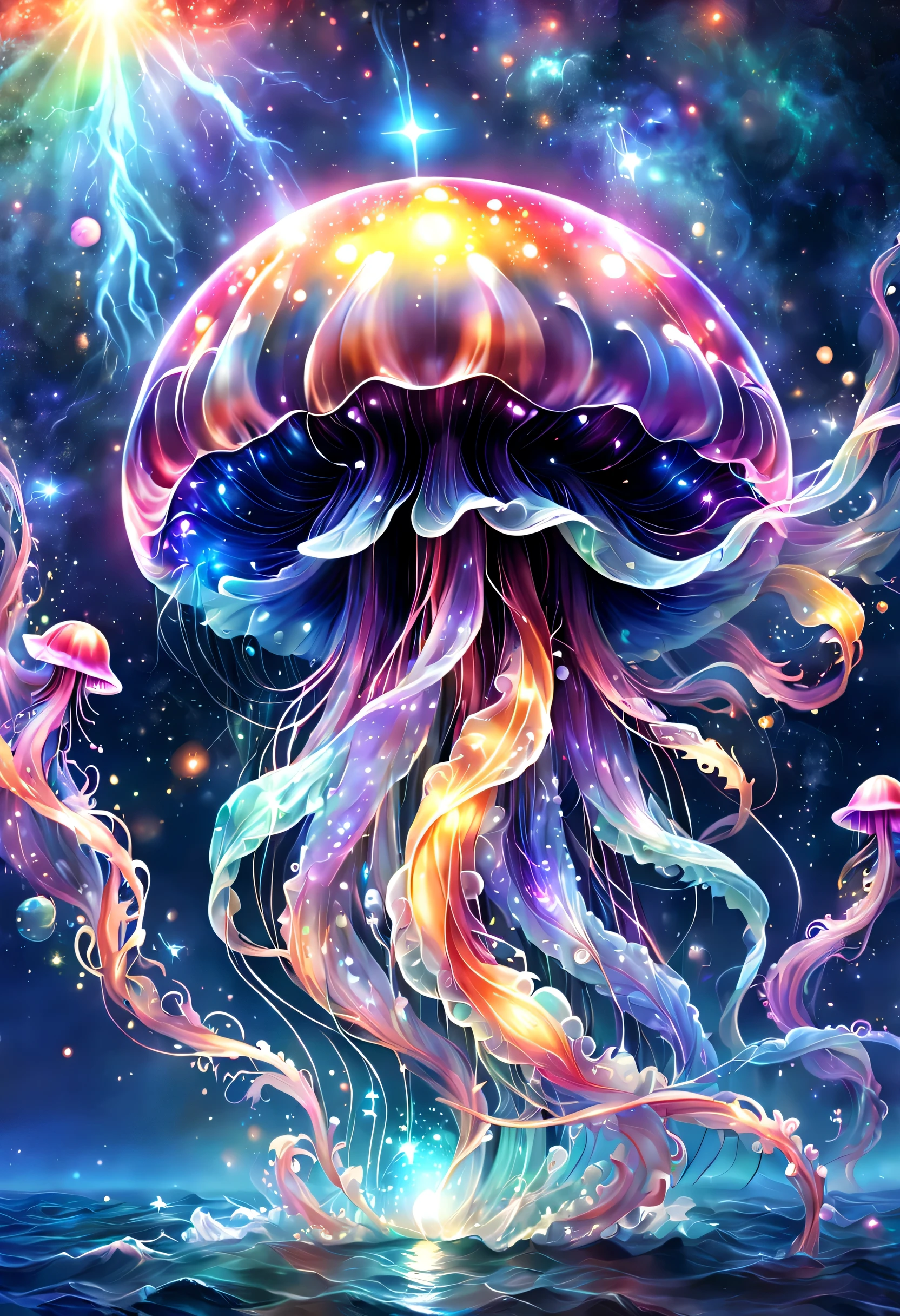 Draw a translucent jellyfish swimming in a sea of stars,digital art,fantasy,beautiful星雲の背景,rich colors,colorfulな呪文を唱える,flash,とてもflash,さらにflash,A faintly glowing jellyfish,light from below,beautiful光と影,Magic,like a bow,Inspiration,pleura,beautiful,rendering,colorful,wonderful,particles of light,be familiar with,masterpiece,最高masterpiece,Art work using light,Artistic,be familiar with