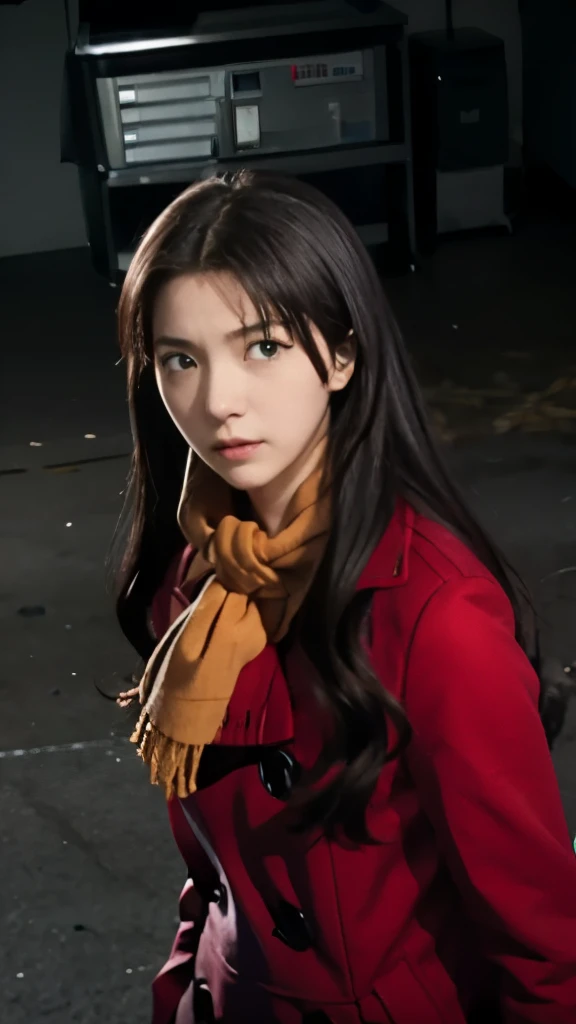 a woman in a red coat and scarf standing in a dark room, rin tohsaka, fate / stay night, unlimited blade works, fate stay night, anime style like fate/stay night, fate zero, fate/zero, in the anime film, screenshot from the anime film, female anime character, mirai nikki, rin, still from anime, still from tv anime