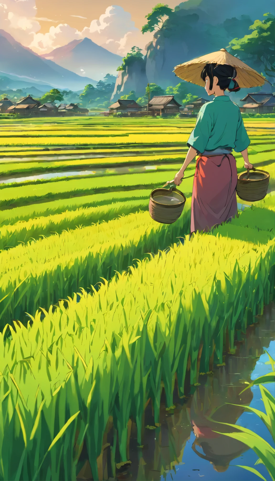 (a masterpiece of a cinematic scene,cinematic agriculture scene,a masterpiece in anime style)farmers growing rice in wet land,ultra-detailed,12k resolution,hyper-detailed,painterly anime style,detailed rice paddies,beautifully textured fields,vivid and vibrant colors,lush green surroundings,animated sunlight and shadows,expressive facial features on the farmers,detailed hands planting and nurturing the rice plants,traditional farming tools and equipment,authentic rural setting,farmers wearing traditional and colorful clothing,happy and content expressions on the farmers' faces,peaceful and scenic landscape,dramatic clouds and sky,ethereal and magical atmosphere,rich and contrasting color palette,soft and diffused lighting,attention to minute details of plants and surroundings,meticulously drawn water reflections of the rice paddies,tranquil and serene ambiance,meticulously rendered textures and patterns,meticulous portrayal of the growth stages of rice plants,convincing depth and perspective in the scene,expressive and exaggerated anime-style character designs,blend of realism and stylization,compelling storytelling through the artwork,mesmerizing and immersive visual experience.