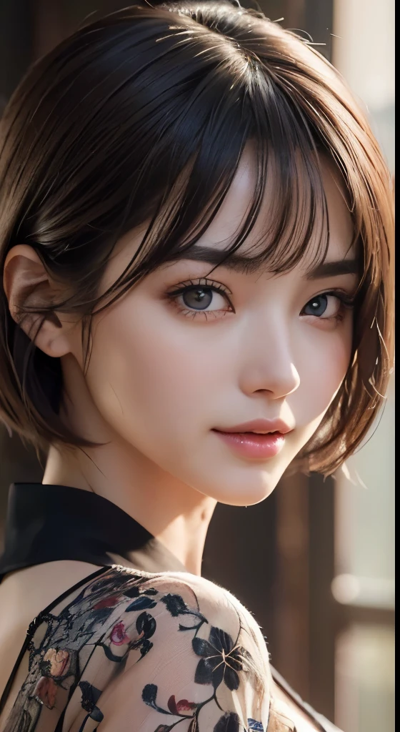 (photographed:1.2)、(Photorealsitic:1.4)、(masterpiece:1.3)、(top-quality:1.4)、超A high resolution、(A detailed eye)、(detailed facial features)、(detailed clothes features)、8k resolution、solofocus、bangss、Double eyelids、japanes, (1girl in), beauitful face, (Lifelike face), (A dark-haired, short-hair:1.3), Beautiful hairstyle, Realistic eyes, Beautiful eyes, (real looking skin), Beautiful skin, enticing, 超A high resolution, A hyper-realistic, high-detail, see the beholder,A smile,camisa branca aberta,middlebreasts,is standing