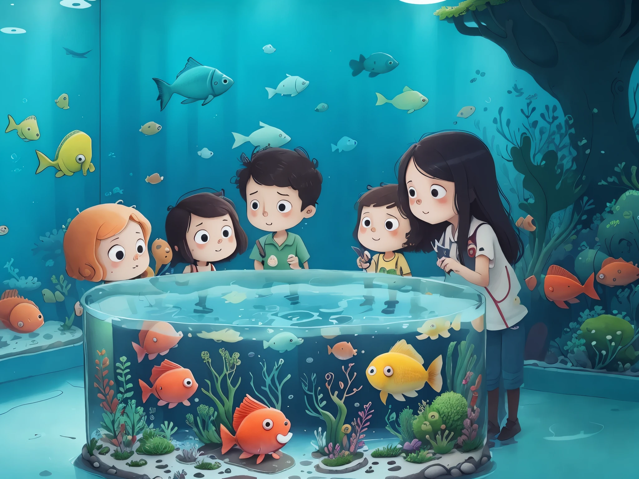 masterpiece，indoor，圆形Glassfish tank，fish tank，Glass，water surface，child，visit