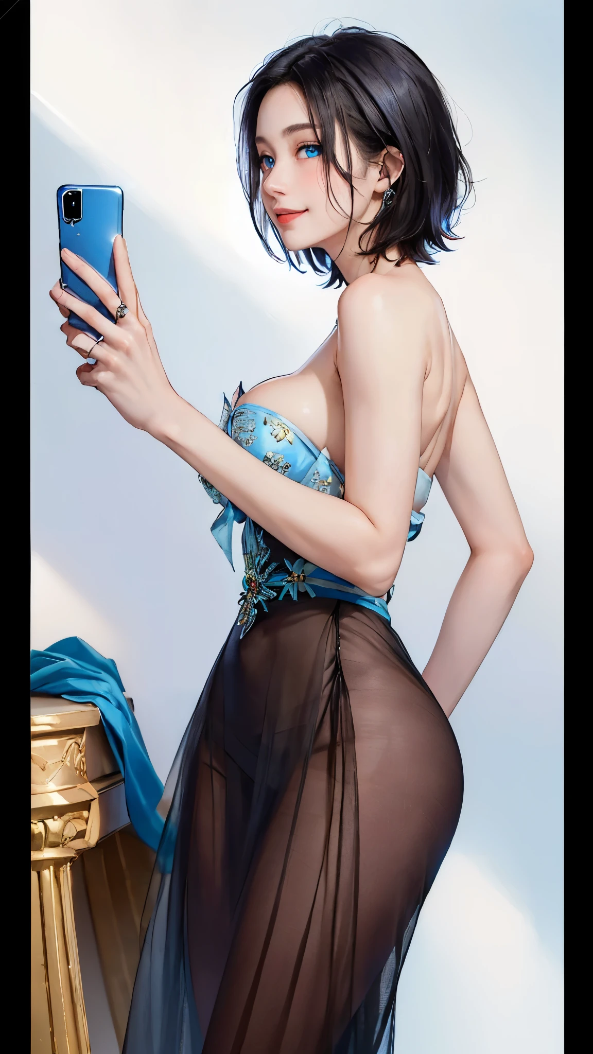 ((((masterpiece, best quality, high resolution)))), (1girl:1.5), ((short silky hair, black hair, blue eyes, sharp eyes)), (perky breasts:1.2), blush, (blushing, light smile), glow, thighs, bare shoulders, collarbone, narrow waist, (slender body figure), (beautiful detailed face, beautiful detailed eyes), (holding phone), perfect fingers