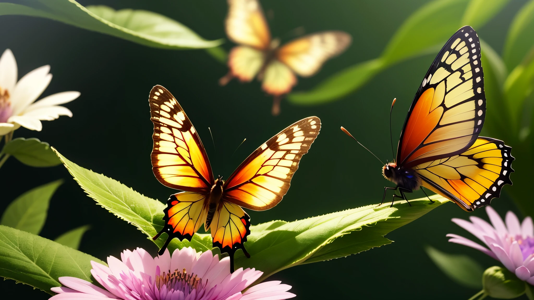 butterflies of different shapes and colors, different patterns, flying among the flowers, slow motion, amazing details, high quality, 4k, no humans, 16:9,