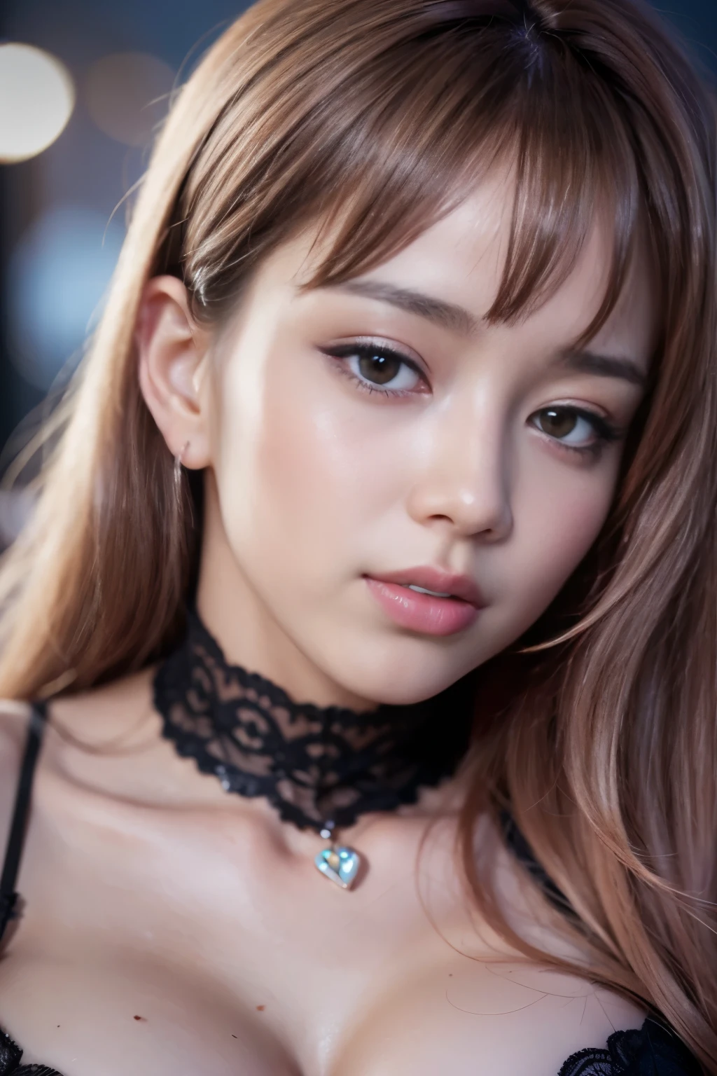 (8k, RAW photo, realistic:1.25) ,( lip gloss, eyelash, shiny face, Glossy skin, highest quality, ultra high resolution, Depth of the bounds written, chromatic aberration, caustics, wide range lighting, natural shading,K-POPアイドル) She looks at the viewer with a calm, goddess-like happiness.,big breasts,put on sexy bra