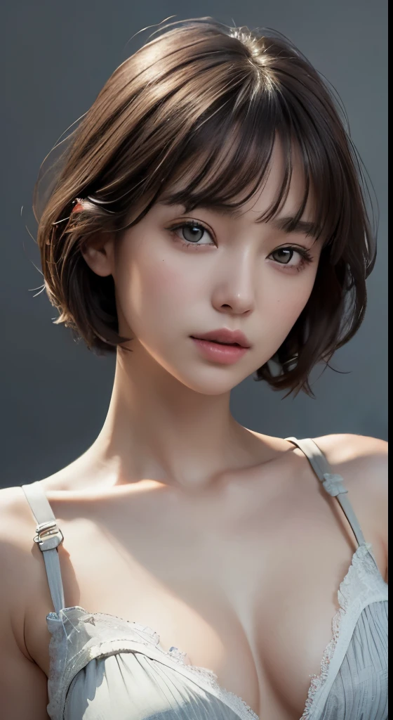 (photograph:1.2)、(photorealistic:1.3)、(masterpiece:1.3)、(Highest image quality:1.4)、ultra high resolution、(detailed eyes)、(detailed facial features)、(Detailed garment features)、8K resolution、solo focus、30 year old mature woman、small face、no makeup、Detailed beautiful eyes、bangs、dark brown hair、short cut hair、(realistic skin)、beautiful skin、charming、ultra high resolution、Super realistic、High definition、Camisa branca aberta,middlebre、small breasts、bust B cup、small breasts、cool beauty、Gray background、