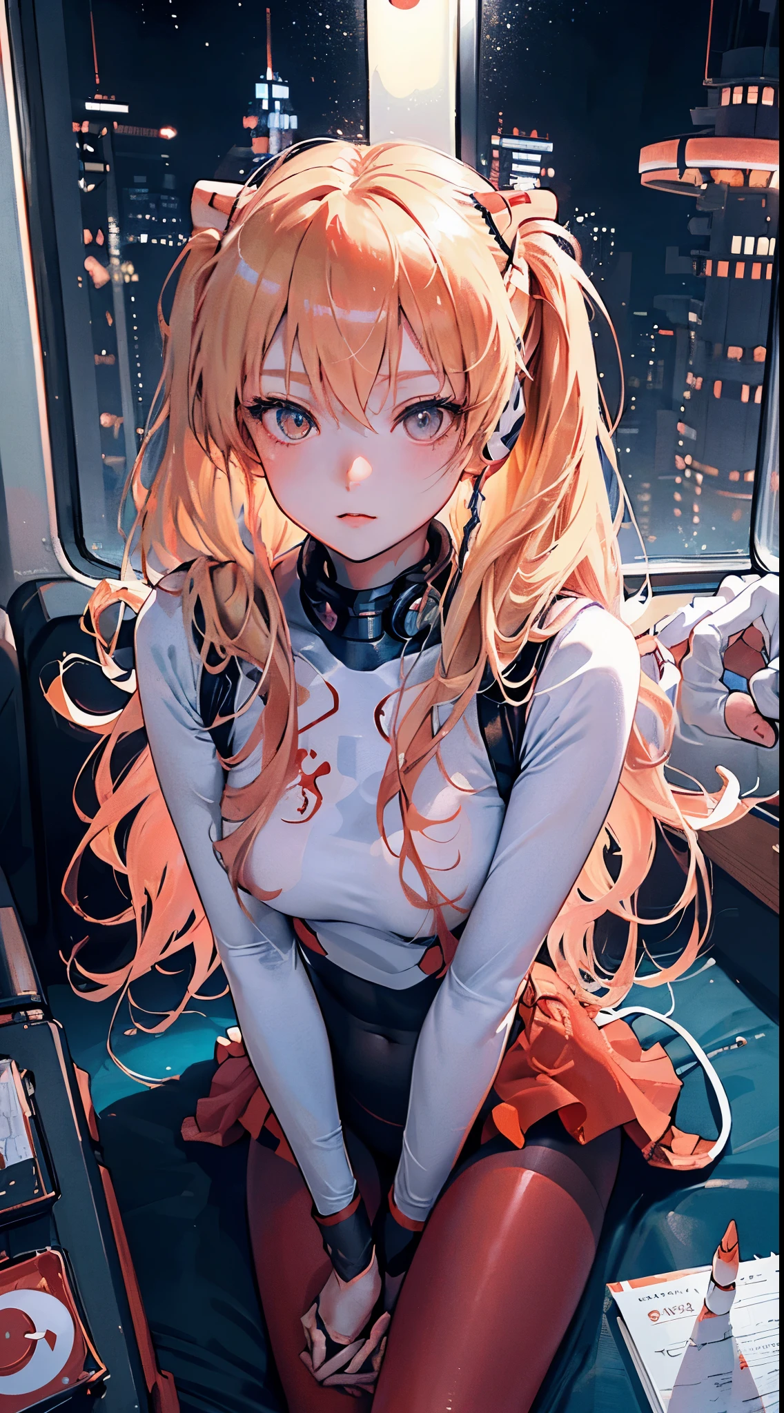 (top view),dynamic angle,Super detailed, illustration, close up, direct, 1 girl, 
 ((Soryu Asuka Langley, interface headphone, Red tights:1.4, blonde)),Her eyes shone like Dreamy stars,(glowing eyes:1.233),(Beautiful and delicate eyes:1.1),(Poker face,Keep your mouth shut),(Permanently installed), 
(Mechanical room with tools and spaceship windows in white spaceship),
(night:1.2),Dreamy, [[slender fingers and hands:0.55]::0.85],(Detail fingers),