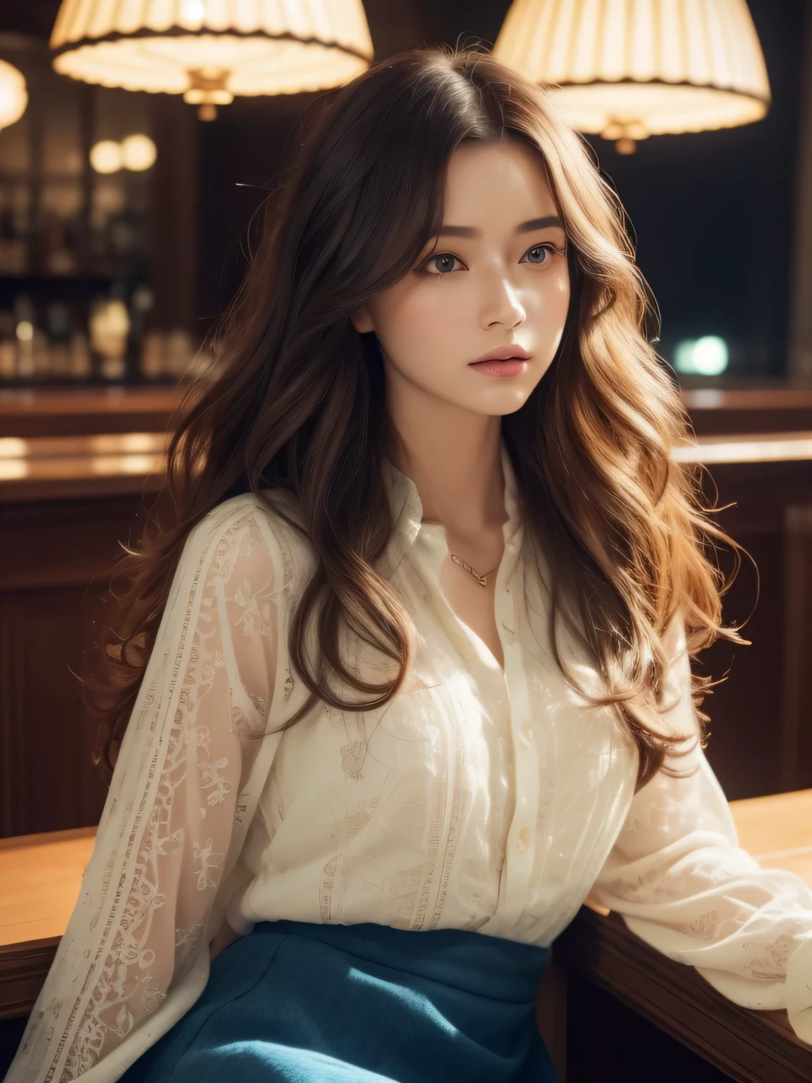 Leaning against the table 서 있는 여자, Detailed photos, CG Society, complex long curly hair, cinematic | | Very lively, discord pfp,Asian features, very pretty model, (compycore:1.2), stupid, rich red, factory, bar counter,(fashion realistic),Twinkle in your eyes,(Leaning against the table),(outside),(outsidedoor bar),(There is a lot of hair),(wavy hair),(Curly hair),(complex colored eyes:1.1),((Intricately detailed eyes)),very detailed, table top, detailed eyes, big bright blindfold:1.2), best quality,  (very detailed),Shine with focused eyes:1.2), (cinematic background), ultra detail,(delicate and detailed), (intricate details), octane rendering, nffsw, (ultra detail:1.15), (((fancy))),(soft light:1.2, mini skirt