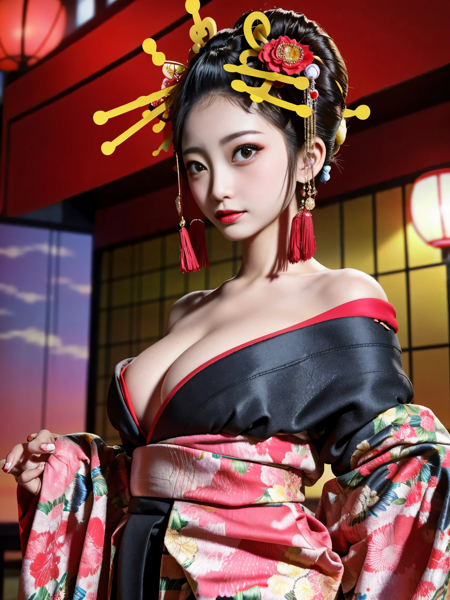 4k, masterpiece, High resolution, confused,Natural volumetric lighting and best shadows, 笑face,deep i is written in the depth of the world,soft delicate beautiful attractive face, beautiful edge courtesan_woman, a woman in a kimono posing for a picture ,Courtesan with perfect edges_face,Courtesan with perfect edges_body,edgOiran_compensate,edgOiran_hairstyle、NSFW:1.5
