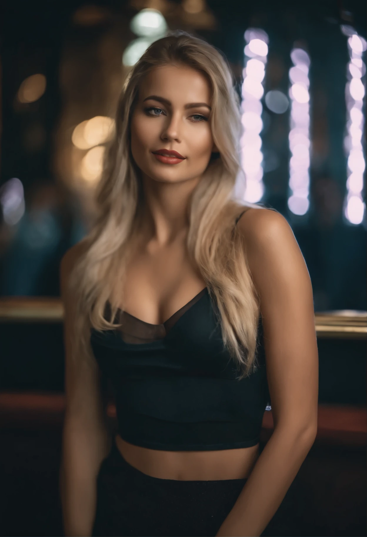 Blonde woman with matching tank top and skirt posing in a nightclub, fille sexy aux yeux bleus, Portrait de Sophie Mudd, blurred background, best quality, 1 fille, cheveux blonds et grands yeux, selfie d&#39; une jeune femme, maquillage naturel, Regardez directement dans la caméra, Visage avec Artgram, maquillage subtil, Superbe photo du corps entier, dans la chambre, gros seins, Blond, latine