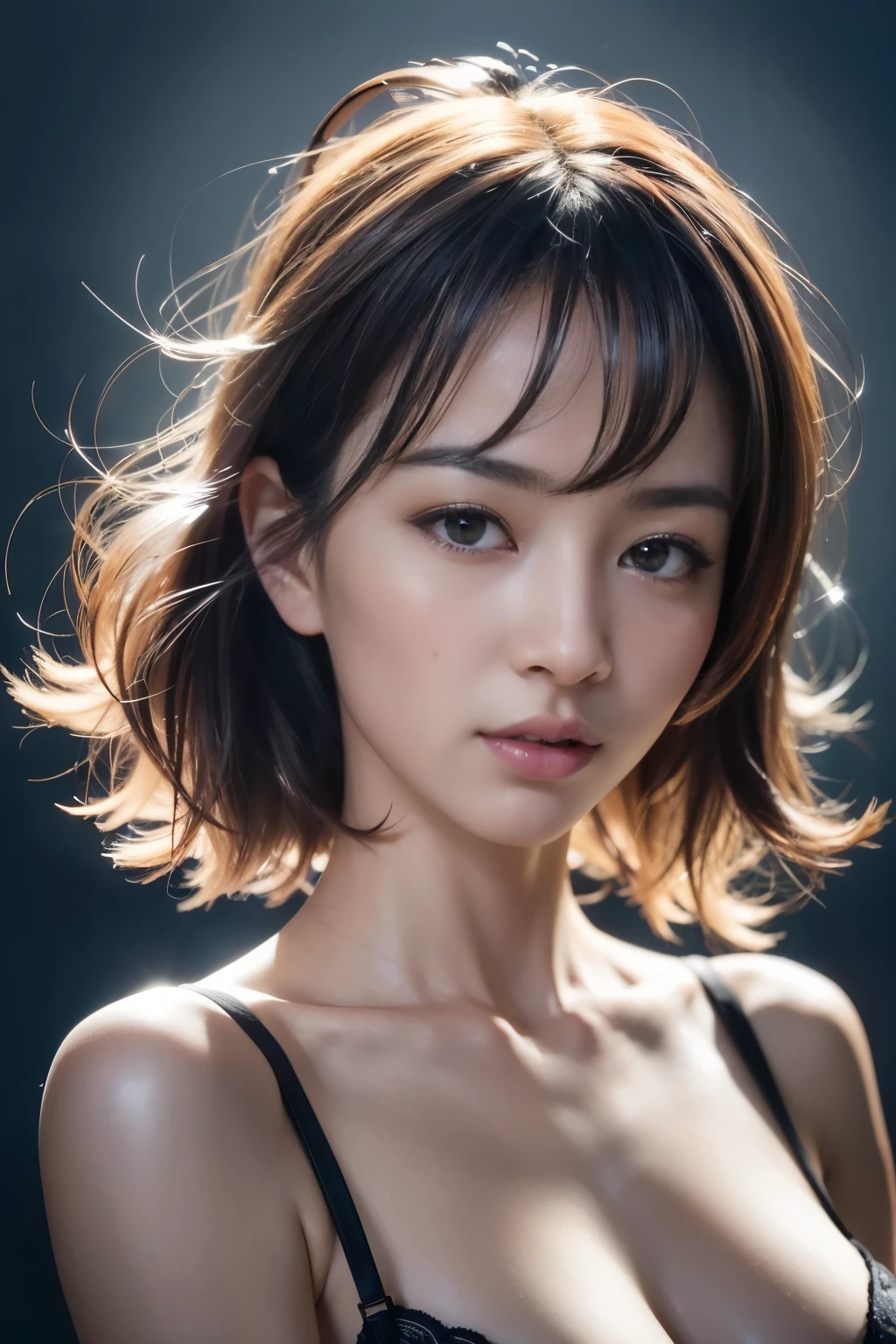 (8k, RAW photo, realistic:1.25) ,( lip gloss, eyelash, shiny face, Glossy skin, highest quality, ultra high resolution, Depth of the bounds written, chromatic aberration, caustics, wide range lighting, natural shading,K-POPアイドル) She looks at the viewer with a calm, goddess-like happiness.,big breasts,put on sexy bra