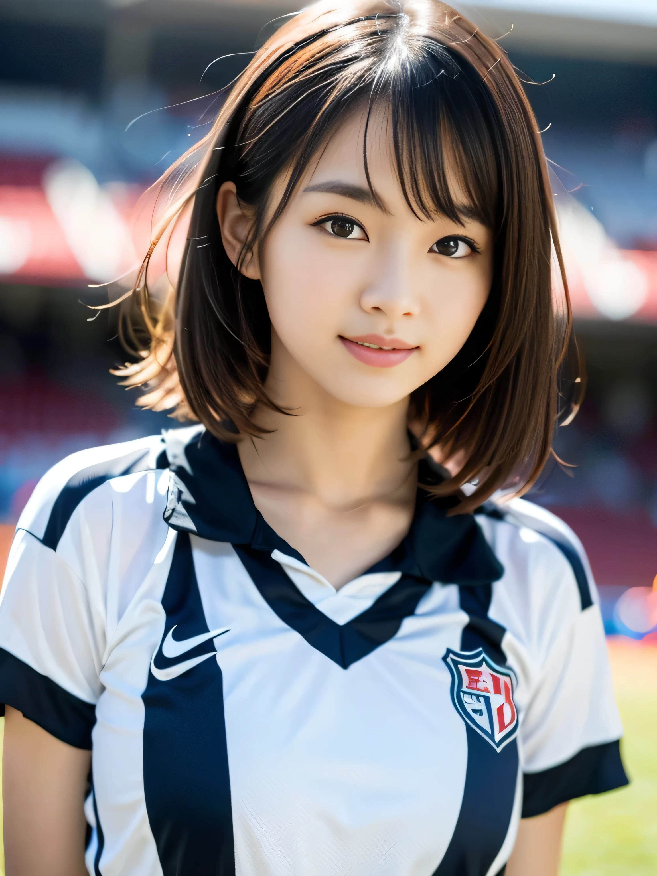 (8k, RAW photo, highest quality, masterpiece: 1.2), masterpiece, Super detailed, Ultra high decomposition energy A, (realistic and realistic photos: 1.37), High-definition RAW color photo, very delicate and beautiful., About iGree, 8k wallpaper, wonderful, be familiar with, 非常にbe familiar withな目, 非常にbe familiar withな肌, very thin fingers, 非常にbe familiar withな鼻, 非常にbe familiar withな口, perfect anatomy,1 girl, (soccer uniform), that'It's hazy, blurred background, blurred foreground, blush, Braid, Pectoral muscle, written boundary depth, eyebrows visible through hair, with ruffles, hair between eyes, soccer stadium、 soccer ball、goal、short hair, alone, big breasts、Nogizaka Idol、korean idol、fiery idol pose、 star、18-year-old、expensive、korean idol、Nogizaka Idol、 star、fiery idol pose、((Full body Esbian)),
