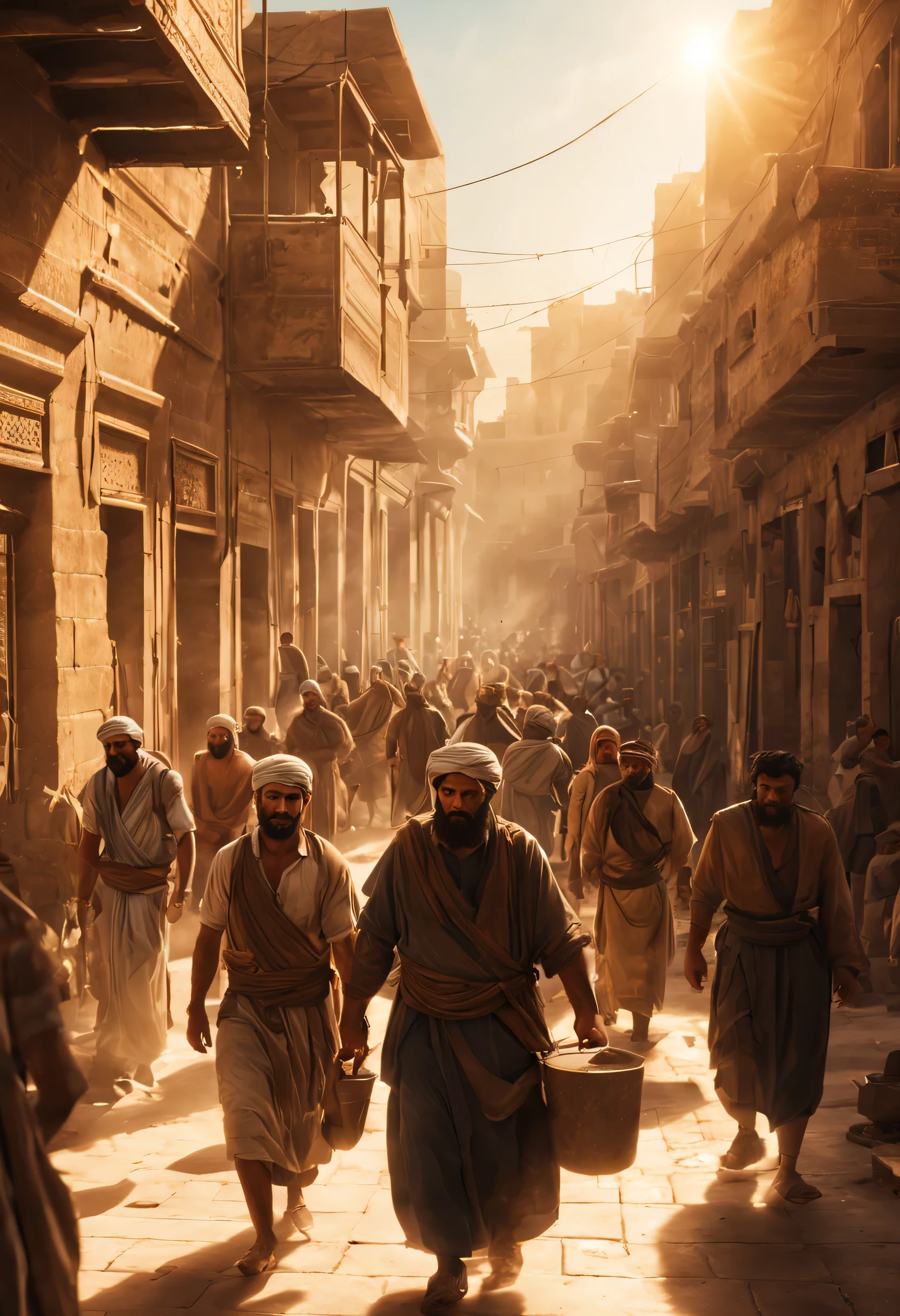 (best quality:1.3), (best performance:1.2), (best illustration:1.2), (artistic cinematic lighting:1.2)Hot, sun-baked streets of a bustling Mesopotamian city.