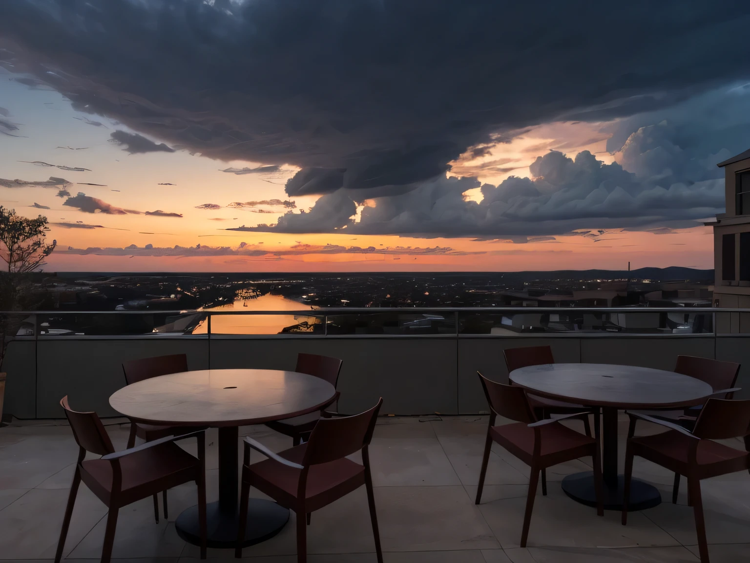 "tables et chaises vides, dimly lit by a warm twilight glow, nuages dangereux et menaçants lointains"