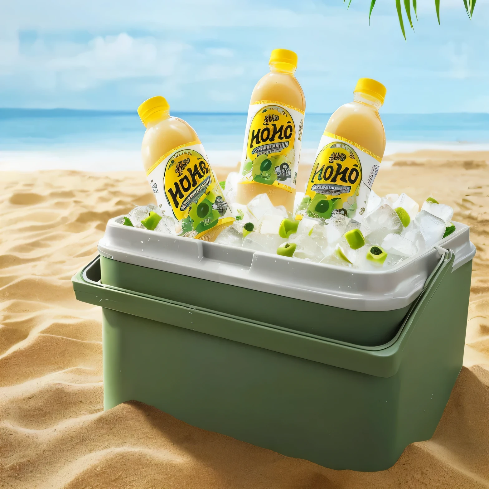 There are three bottles of juice in the refrigerator on the beach, Official product photos, High-quality product photos, Yes,brother, high quality images, Joko Auerbach, High resolution product photos, 🤬 🤮 💕 🎀, commercial product photography, this, environmental photography, High-detail product photos, Gui Hao, Inspired by Karl Hofer