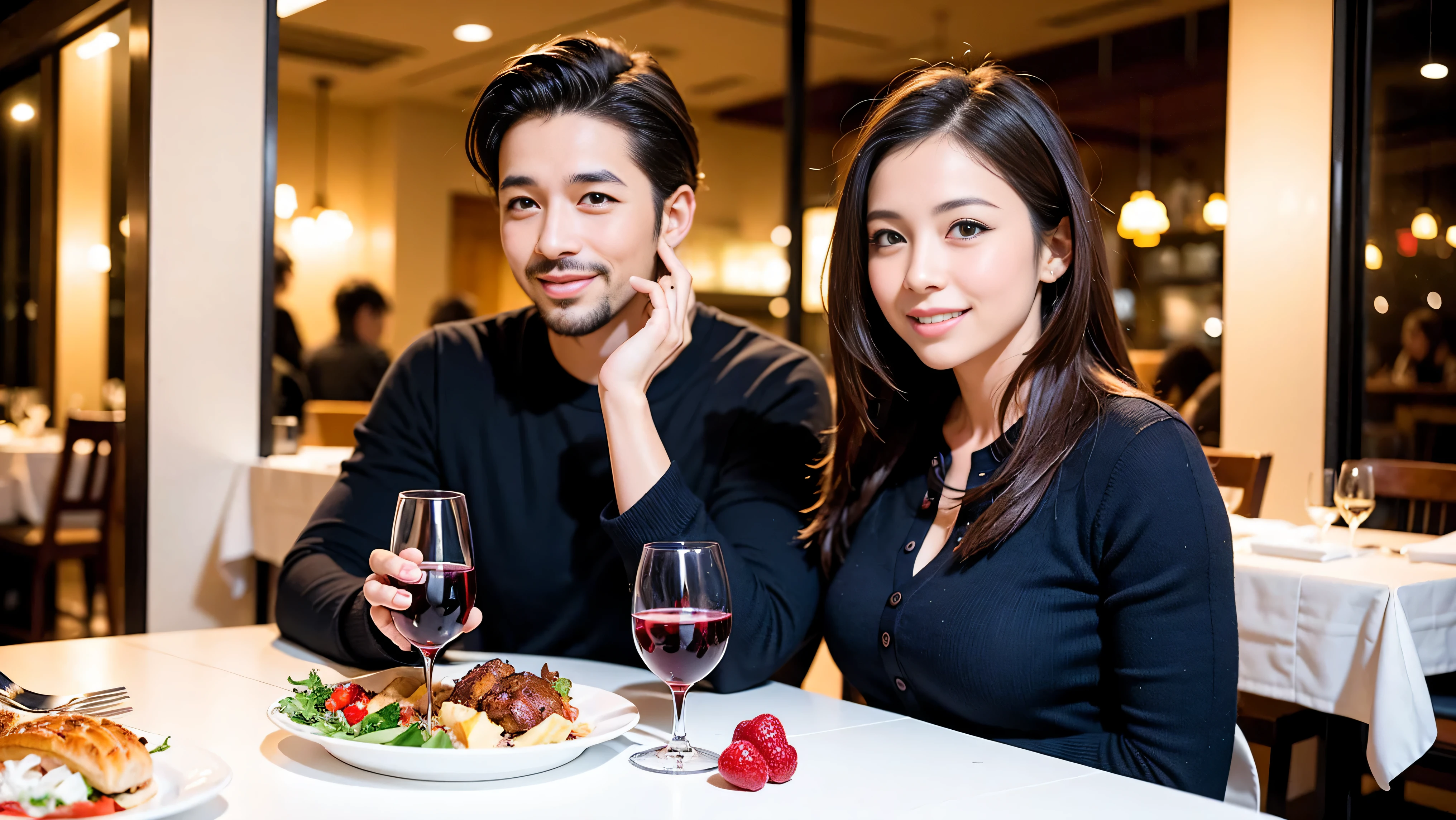 64k, Hmm, highest quality, masterpiece: 1.2), (realistic, photorealistic: 1.37),White wine、red wine、wine glass、wine bottle、sparkling wine、やわらかなsmile、gentle expression、 Super detailed, celebration party、beauty、charm、beautiful mature woman、3 women who love wine、three men、Tokyo、Yokohama、Paris、venice、Rome、Champagne、sparkling wine、winter night、restaurantでワイン宴会、(slimな男女4名),(Wine party for 5 people)、(slimフェイス),Happy、 最高なsmile、fox mask、Berry Short、(because I&#39;thin), (brown hair), (shortcut), long sleeve shirt、winter fashion、Columbia、Brazilian、Japanese、Dutch、German、Portuguese、Belgian、Italian、French, (Squirting), (slimボティ), (brown hair), (shortcut), 端正なbeauty、cheeks turn a little red, (41 years old), 38 years old, 35 years old、32 years old、 A beautiful and detailed night view spreads out outside the window............., restaurant, wine glassが座っている, At night, in a prominent place (from the Upper body) nova frog style, actress, model, Upper body, White wine, slim, wine glass, Very beautiful night view, wine glass Put in the Middle, Happy smile, (smile: 1.15), 