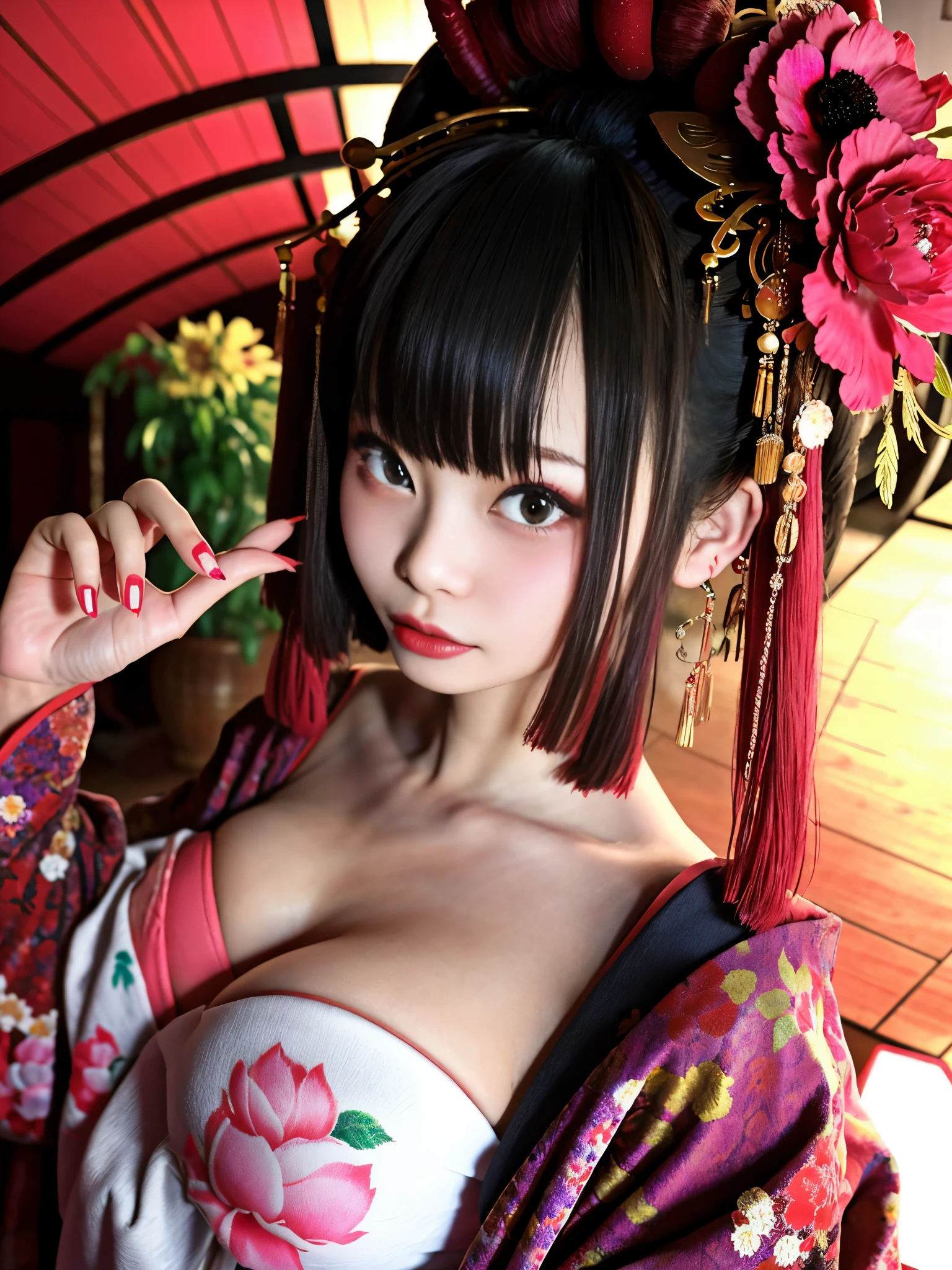 4k, masterpiece, High resolution, confused,Natural volumetric lighting and best shadows, 笑face,deep i is written in the depth of the world,soft delicate beautiful attractive face, beautiful edge courtesan_woman, a woman in a kimono posing for a picture  ,Oiran with a perfect edge_face,Oiran with a perfect edge_body,edgOiran_compensate,edgOiran_hairstyle