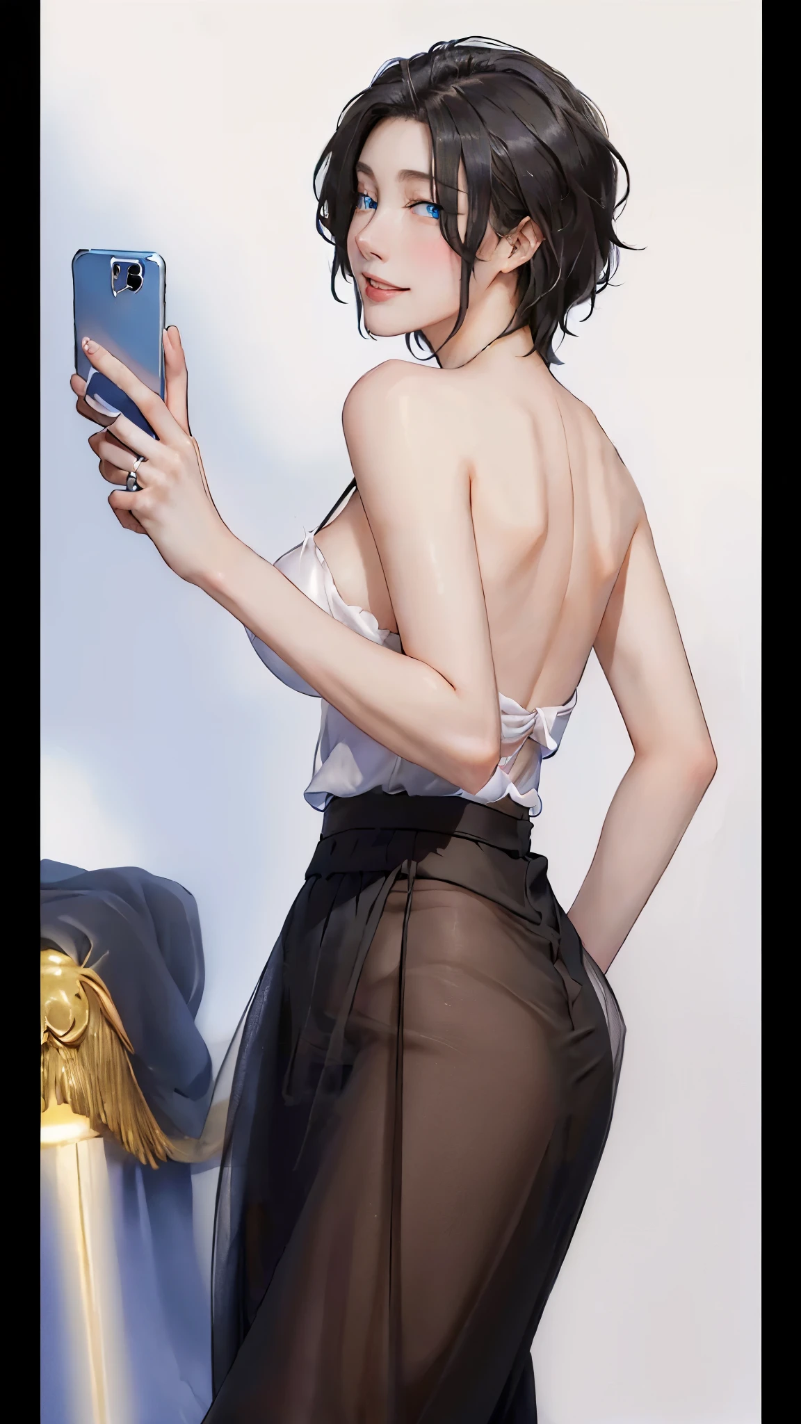 ((((masterpiece, best quality, high resolution)))), (1girl:1.5), ((short silky hair, black hair, blue eyes, sharp eyes)), (perky breasts:1.2), blush, (blushing, light smile), glow, thighs, bare shoulders, collarbone, narrow waist, (slender body figure), (beautiful detailed face, beautiful detailed eyes), (holding phone), perfect fingers