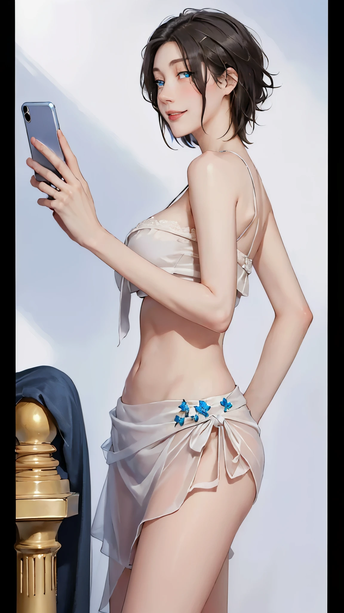 ((((masterpiece, best quality, high resolution)))), (1girl:1.5), ((short silky hair, black hair, blue eyes, sharp eyes)), (perky breasts:1.2), blush, (blushing, light smile), glow, thighs, bare shoulders, collarbone, narrow waist, (slender body figure), (beautiful detailed face, beautiful detailed eyes), (holding phone), perfect fingers