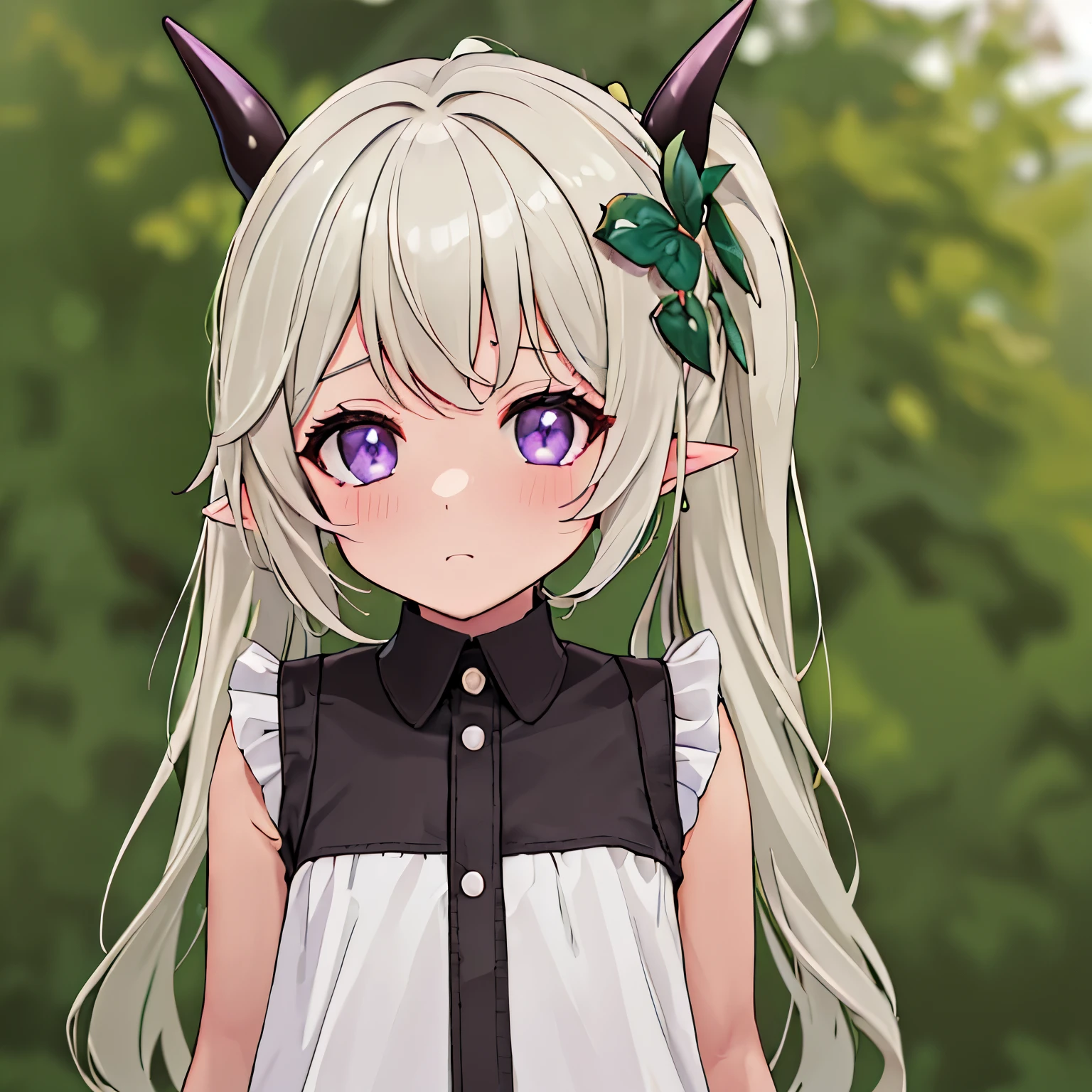 anime girl with horns and a white rabbit plushie in her arms, demon anime girl, demon girl, mika kurai demon, portrait of demon girl, neferpitou, black horns queen demon, pixiv, detailed fanart, [[[[grinning evily]]]], top rated on pixiv, anime girl with capra horns, 5 ,  purple eyes, white hair, cute, soft drawing, not too much realistic, elf ear, kid, loli small breasts, lolita dress, :3, upper body, hugs the plushie,