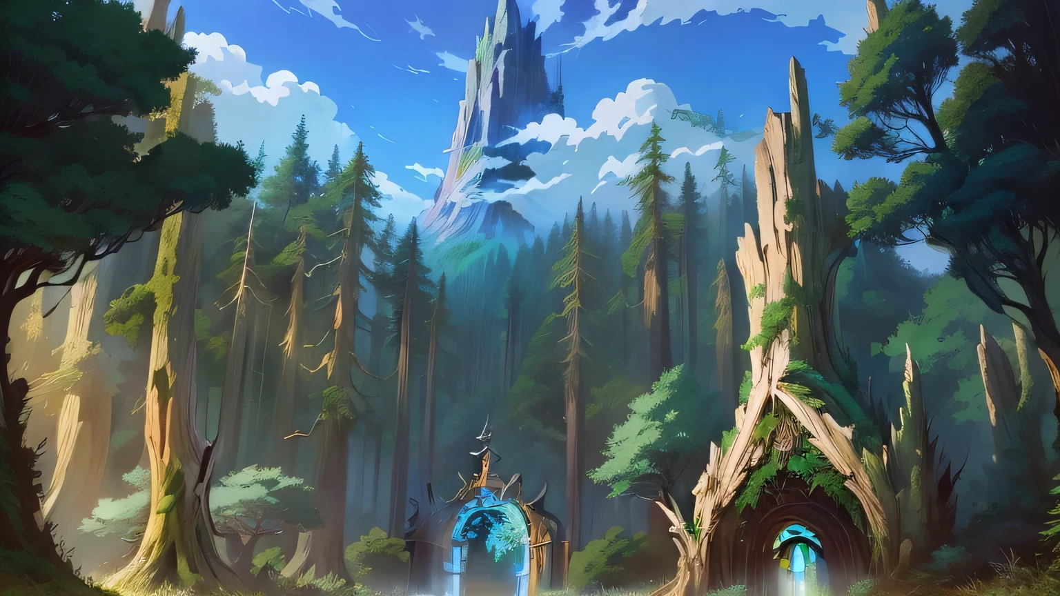 There is a painting of the forest，There is a gate and many trees, Anime Landscape Concept Art, sky forest background, Elf forest background, anime background art, background art, Stunning mysterious background, Anime landscape wallpaper, background artwork, forest punk background, steampunk forest background, beautiful anime scenery, Anime nature wallpaper, distant forest, Art Nouveau Jungle Environment