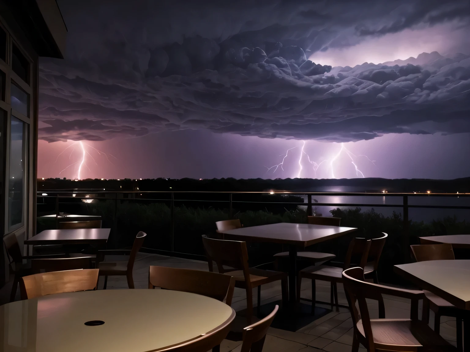 "tables et chaises vides, dimly lit by a warm twilight glow, nuages d'éclair dangereux et menaçants lointains"