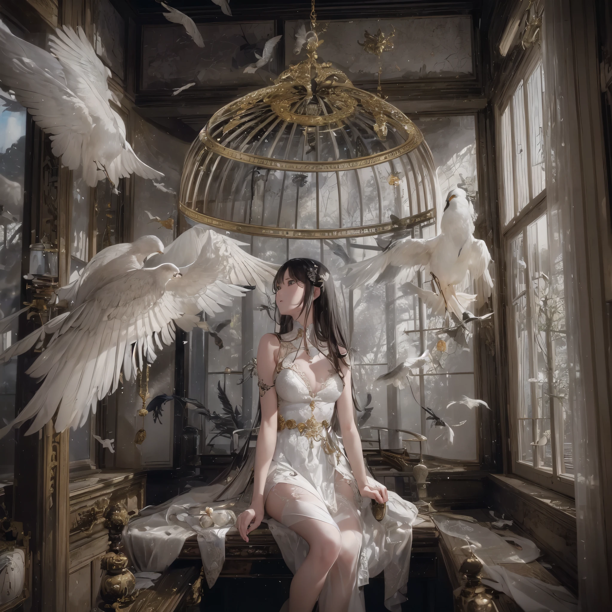 (((she is looking out the window)))、(((Legs in my arms))),huge 、many white feathers、(((Extensive use of exquisite birdcages and pocket watches)))、((Big intricately dressed girl sitting in a birdcage))、(((Beautifully dressed girl trapped in a birdcage)))、(((In a room with fluttering white feathers)))、Light、(look at the audience:1.2)、surprise、Professional photography、((top quality))、(Exquisite details:1.2)、(​Masterpiece:1.5)、(top quality:1.2)、beautiful eyes、super quality、hard focus、ultra high resolution、beautiful dark eyes、Floating hair:1.2、
Windows with views remain closed, and a picture of the bird in the corner of the room., A bird with legs flapping its wings wildly.
he looked at it sadly.
Thinking of her, please tell me the way to the sky, even if it is right next to me, please tell me the way to the sky goes farther., did not reach higher

... I don&#39;t even know if it&#39;s day or night...

after many nights, Suddenly he opened a heavy window.
阳Light和风在房间里蔓延 把他带到外面 请你告诉我通往天空的路 在风中翱翔 请你告诉我通往天空的路 保持关闭 羽毛不会散开而是掉落 它看起来像白色的羽毛 知道之后的一切一点扭曲 不可能实现的事情 请你告诉我通往天空的路 即使它就在你身边 请你告诉我通往天空的路 我什至无法触及我的指尖 请你告诉我通往天空的路好吗像那只鸟一样飞向天空, I am trapped in this land.
Can you please tell me the way to the sky? Oh, The sky hasn&#39;t changed anything, it&#39;s there.