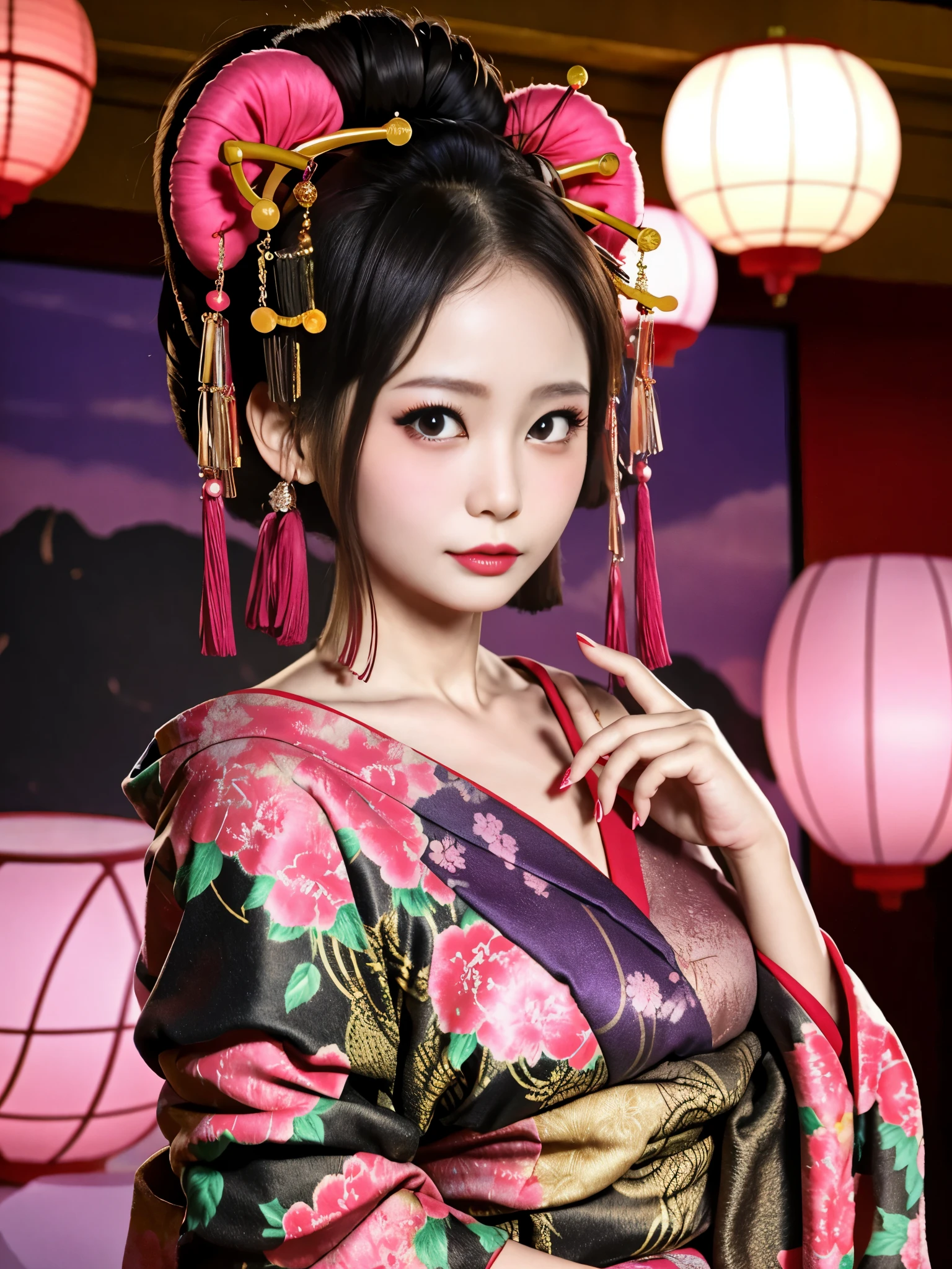 4k, masterpiece, High resolution, confused,Natural volumetric lighting and best shadows, 笑face,deep i is written in the depth of the world,soft delicate beautiful attractive face, beautiful edge courtesan_woman, a woman in a kimono posing for a picture  ,Oiran with a perfect edge_face,Oiran with a perfect edge_body,edgOiran_compensate,edgOiran_hairstyle