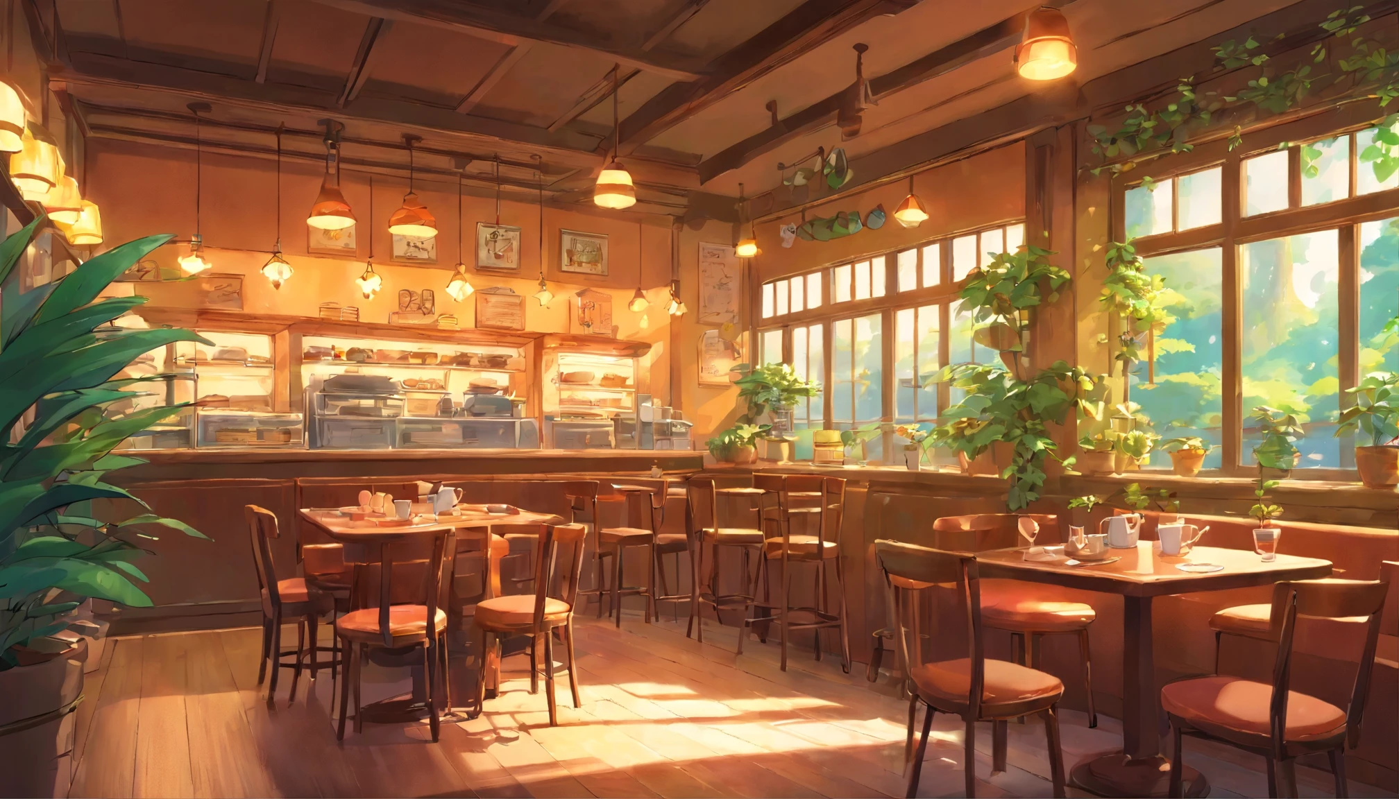 background、Calm café、retro、Lo-fi atmosphere、indirect lighting、Foliage plant、no people、coffee、toast、parfait、Pudding