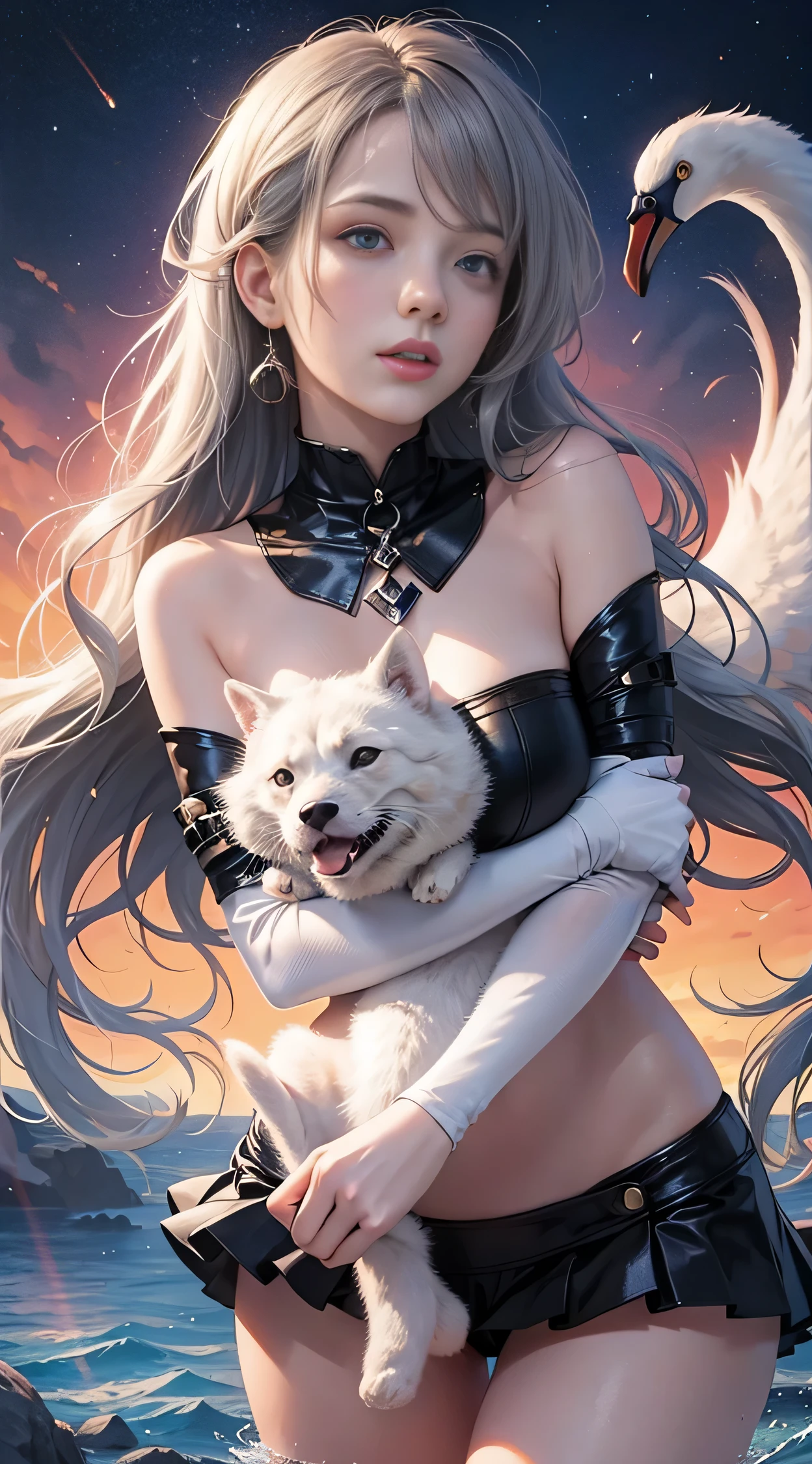 Ultra high quality,8K,Giant Breast Girl,Sexy and feminine, high and cold,Dark beauty,Enchanting,The head proportions are perfect,Gray hair,Wear a sweatshirt monogram print, Short red high-waisted skirt,Flaming red lips,Swan neck,chokers,O sol brilha intensamente
