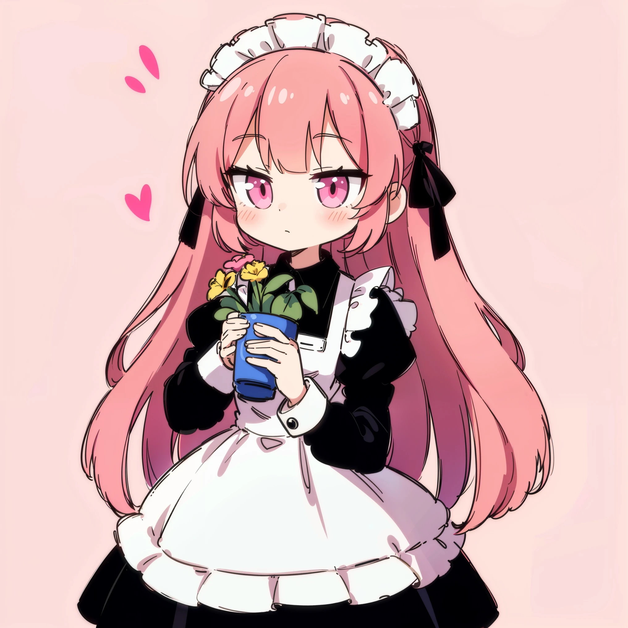 pink hair,a girl,close to camera,Mug shot,maid outfit,holding flowers in hand,solid color background,long hair