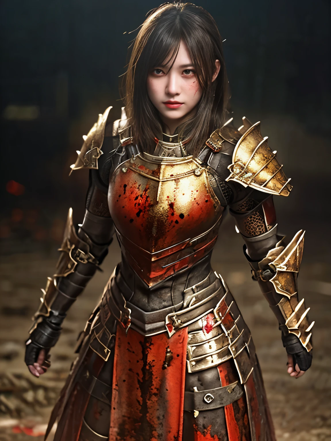 (((high-detail, masterpiece, Attention to detail, realistic, beautiful, full body photograph))), perfect studio lightning, 18 years old, delightful face, ideal body, virgin, long smooth straight hair, tied behind, large breast, random pose, random expression, wearing japan heavy armor, golden armor, full body armor, Unreal Engine Art Trend, swinging katana, attack stance, sweating, bloodstained face, bloodstainder armor, bloodbath, fire everywhere, epic battle background, battleground, no helmet, war zone, war