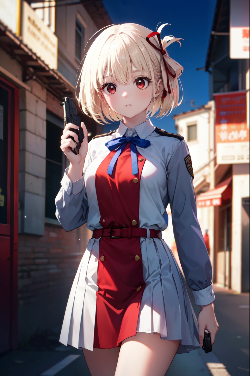chisatonishikigi, nishikigi chisato, short hair, bangs, blonde hair, (red eyes:1.5), hair ribbon, one side up, bob cut,
break shirt, long sleeve, dress, ribbon, white shirt, collared shirt, belt, neck ribbon, red dress, blue ribbon, pleated dress, grey dress, two-tone dress, red belt, uniform liquor,Hand gun in both hands、take a stand,
break outdoors, city,
break looking at viewer, (cowboy shot:1.5),
break (masterpiece:1.2), highest quality, High resolution, unity 8k wallpaper, (figure:0.8), (detailed and beautiful eyes:1.6), highly detailed face, perfect lighting, Very detailed CG, (perfect hands, perfect anatomy),